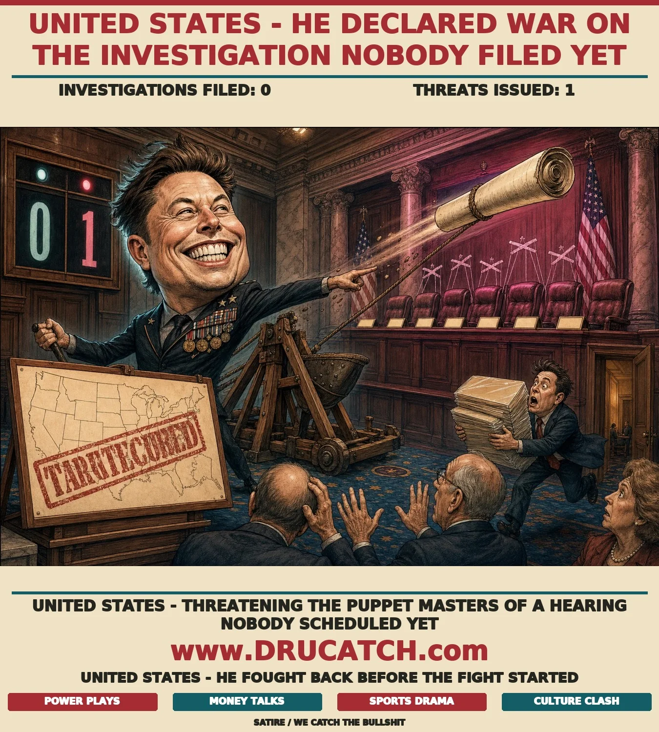 Editorial cartoon caricature of Elon Musk firing a trebuchet loaded with a blank unissued subpoena at empty congressional hearing seats, with a scoreboard showing zero investigations launched and one retaliation threatened.