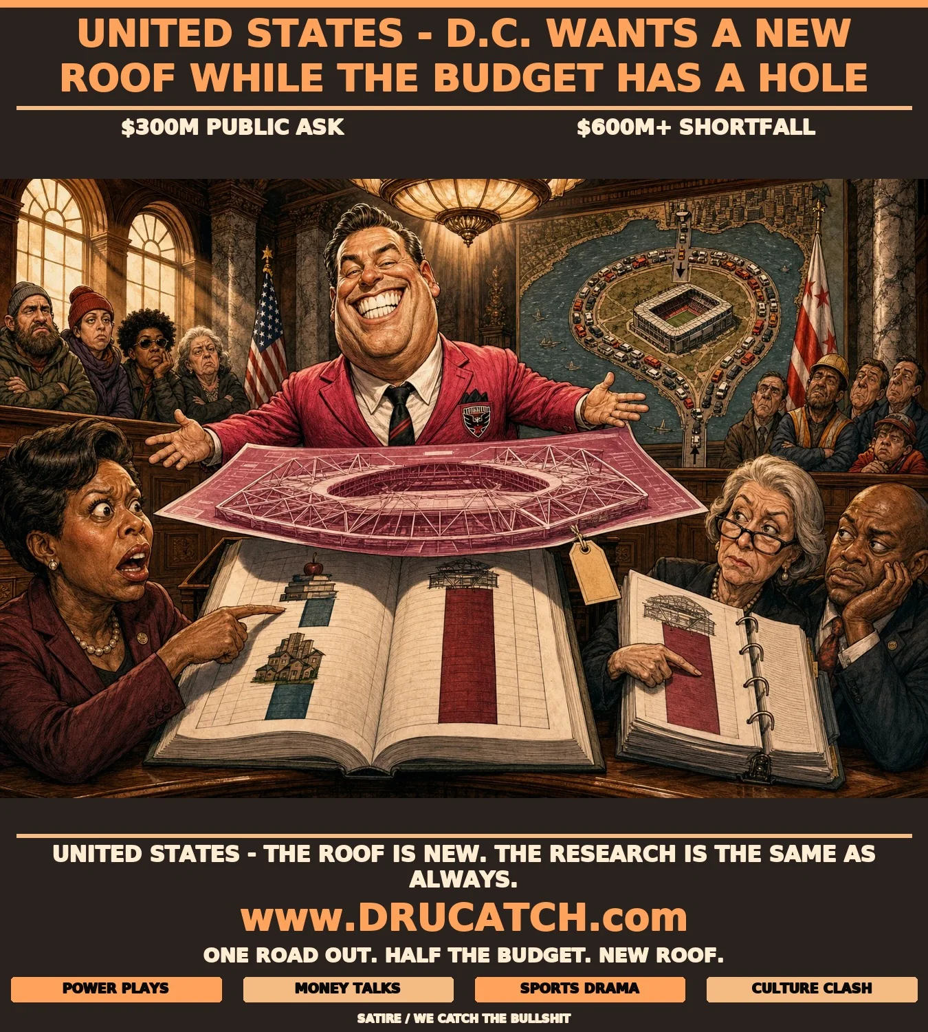 Editorial cartoon of a D.C. United executive holding a giant stadium roof blueprint over an open city budget book at a D.C. Council lectern, while a wall map behind shows Buzzard Point's one-road-in one-road-out traffic loop and an economist points to a research binder whose every page says the same thing.