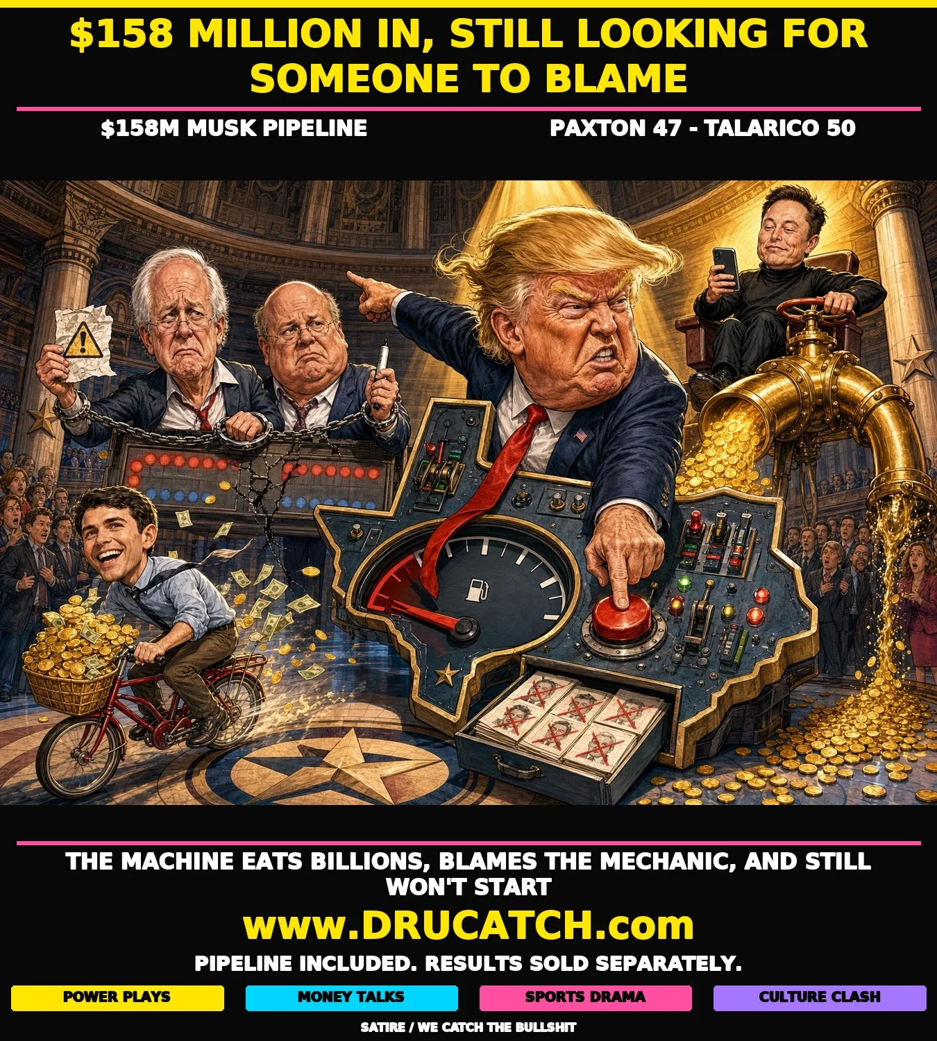 Editorial cartoon of Trump at a Texas-shaped control panel pointing blame backward at Cornyn and Rove while Musk pours money from a golden pipeline above and Talarico pedals past on a small-donor bicycle