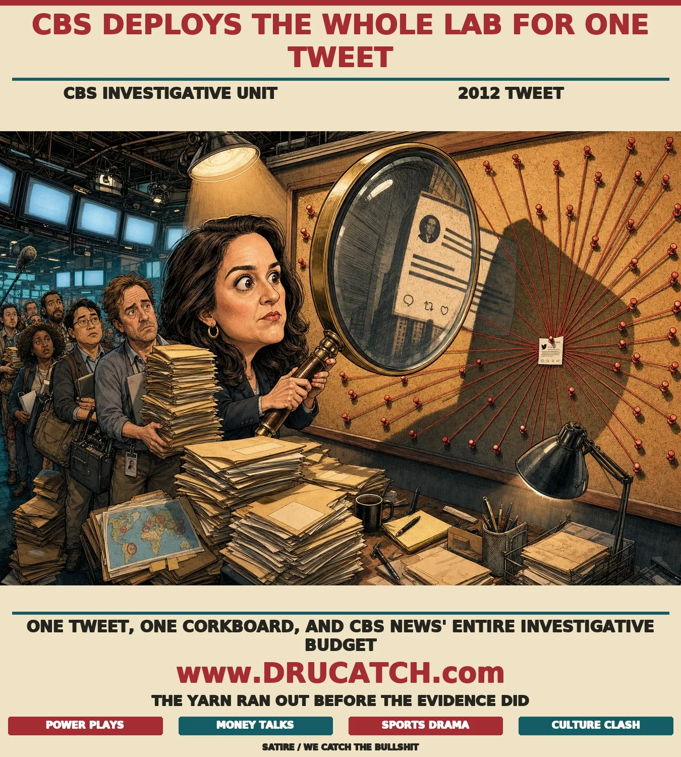 Editorial cartoon of a caricature Bari Weiss examining a tiny tweet through an enormous magnifying glass while a line of CBS journalists waits behind her with equipment