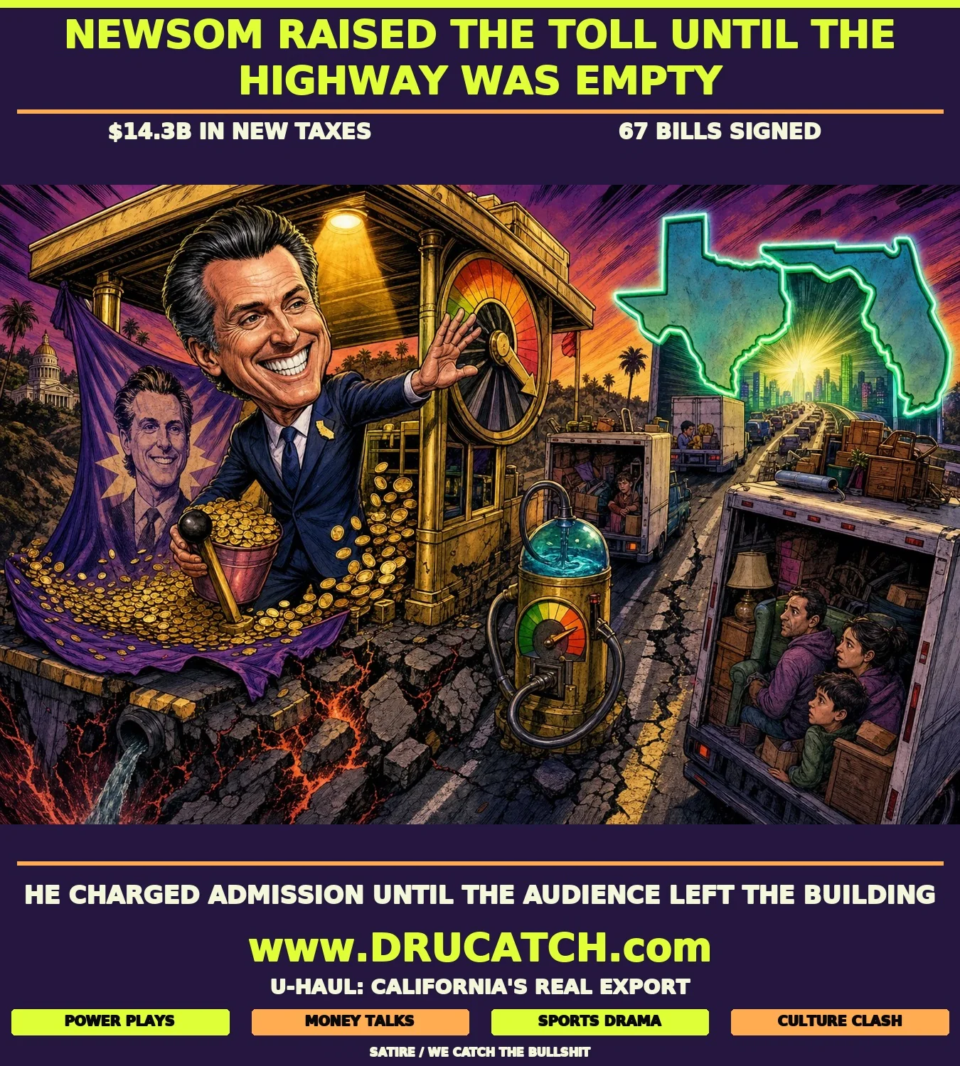 Editorial cartoon of a caricature of Gov. Gavin Newsom cheerfully operating a giant toll booth on a highway as moving trucks stream toward an exit sign shaped like other states