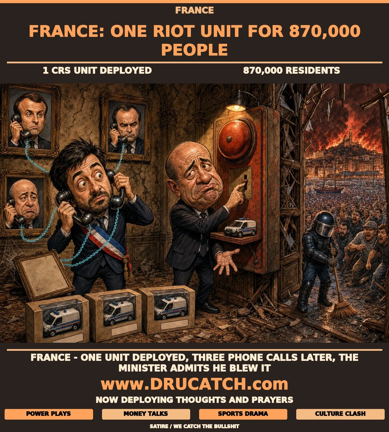 Editorial cartoon of France's Interior Minister pulling a tiny alarm lever producing one toy police van while Marseille's town hall burns behind him and the mayor holds three phones at once