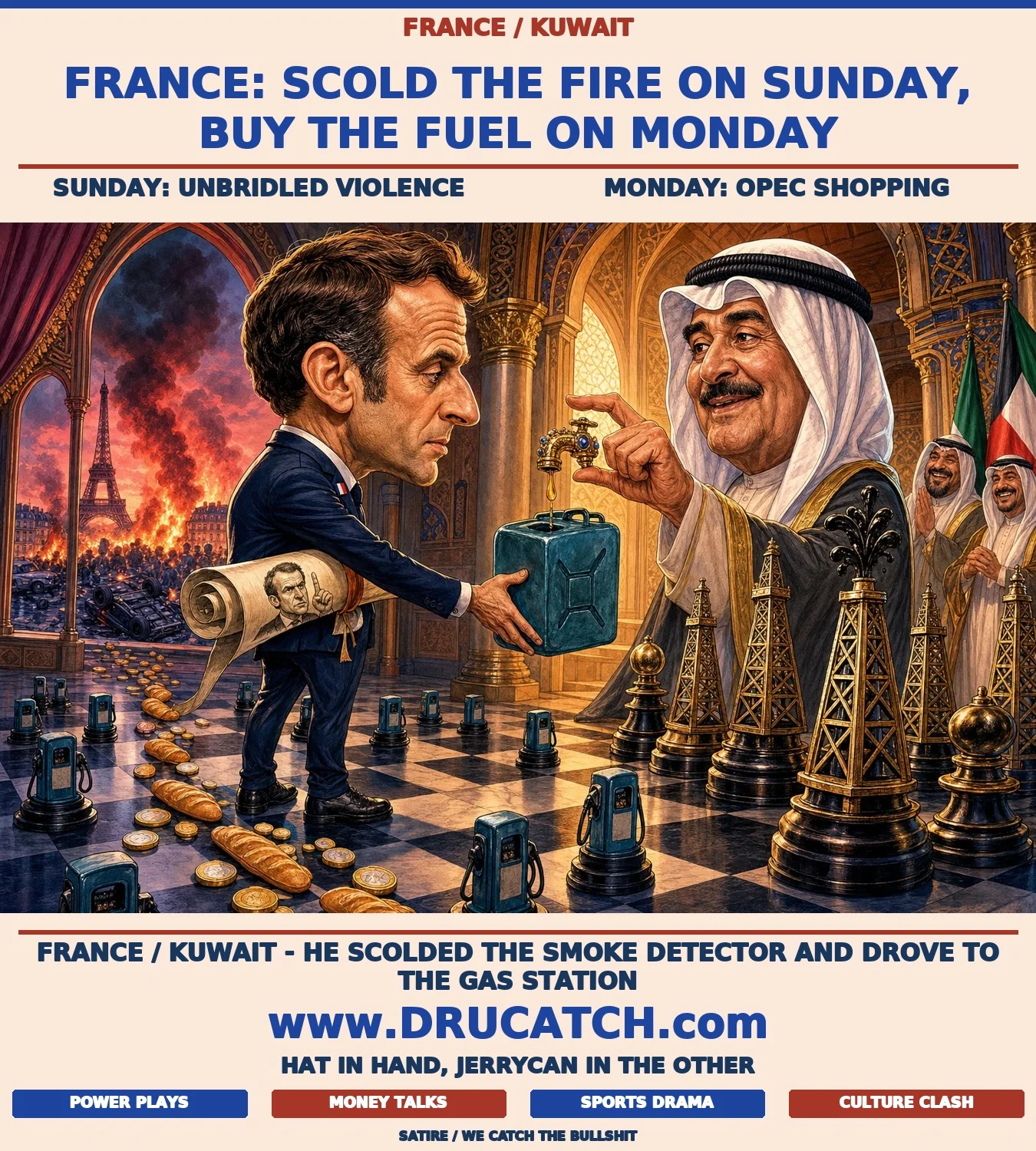 Macron's Gulf Shopping Trip Editorial caricature of Macron holding an empty jerrycan at a Kuwaiti palace door while Sheikh Mishal controls a tiny oil tap, Paris burning visible through a window behind them