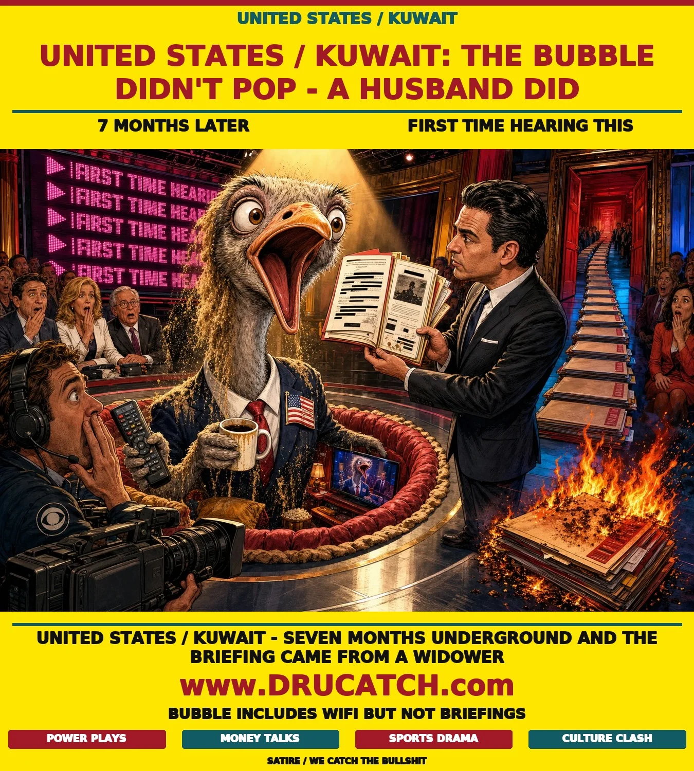 Editorial cartoon of an anthropomorphic ostrich in a vice-presidential suit pulling its head from a plush hole on a TV stage while a man holds a military dossier toward it, unread briefing folders burning across the floor behind them.