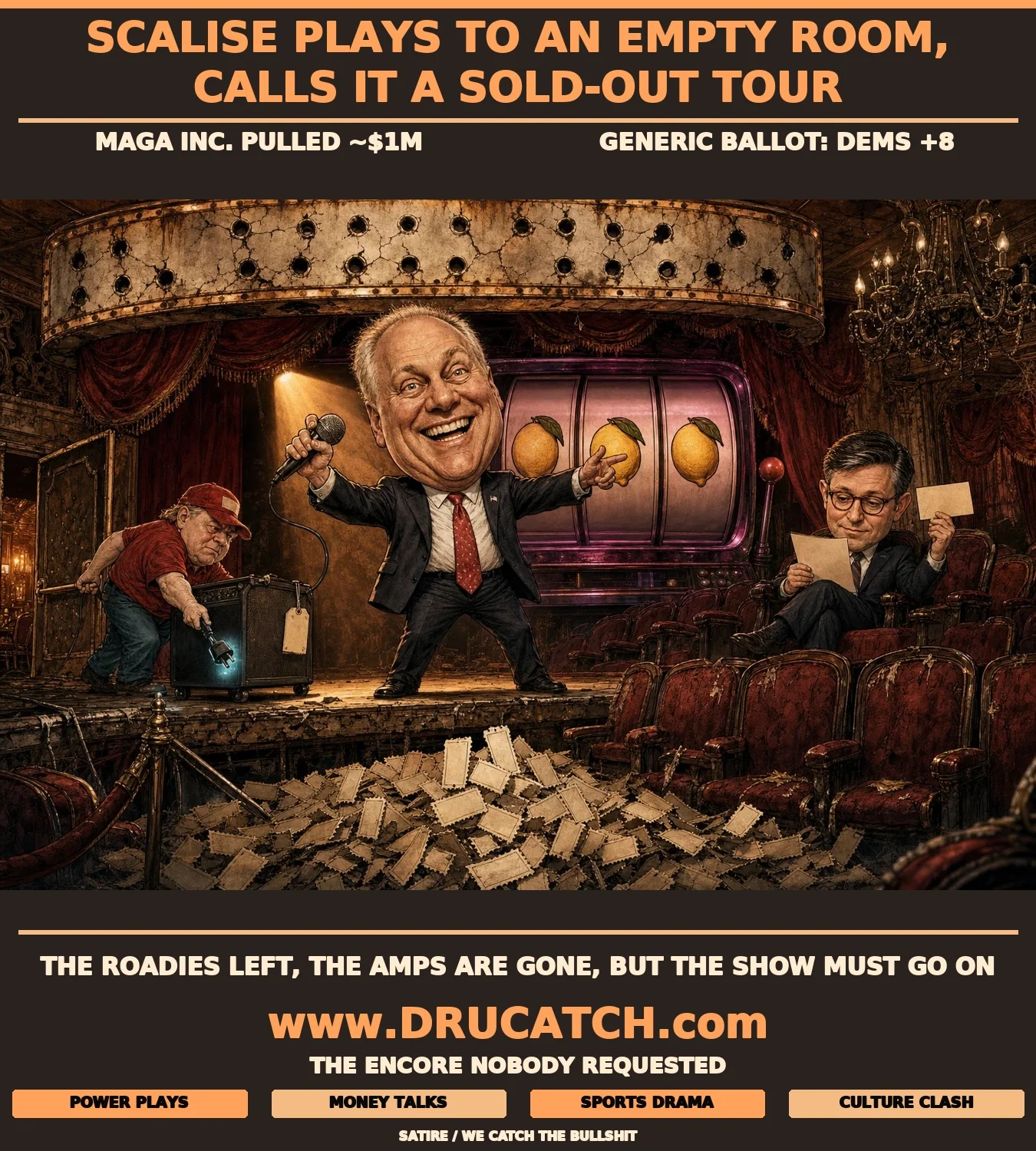 Editorial caricature of Steve Scalise performing on a Las Vegas casino stage to rows of empty seats while a roadie wheels an amplifier toward the exit