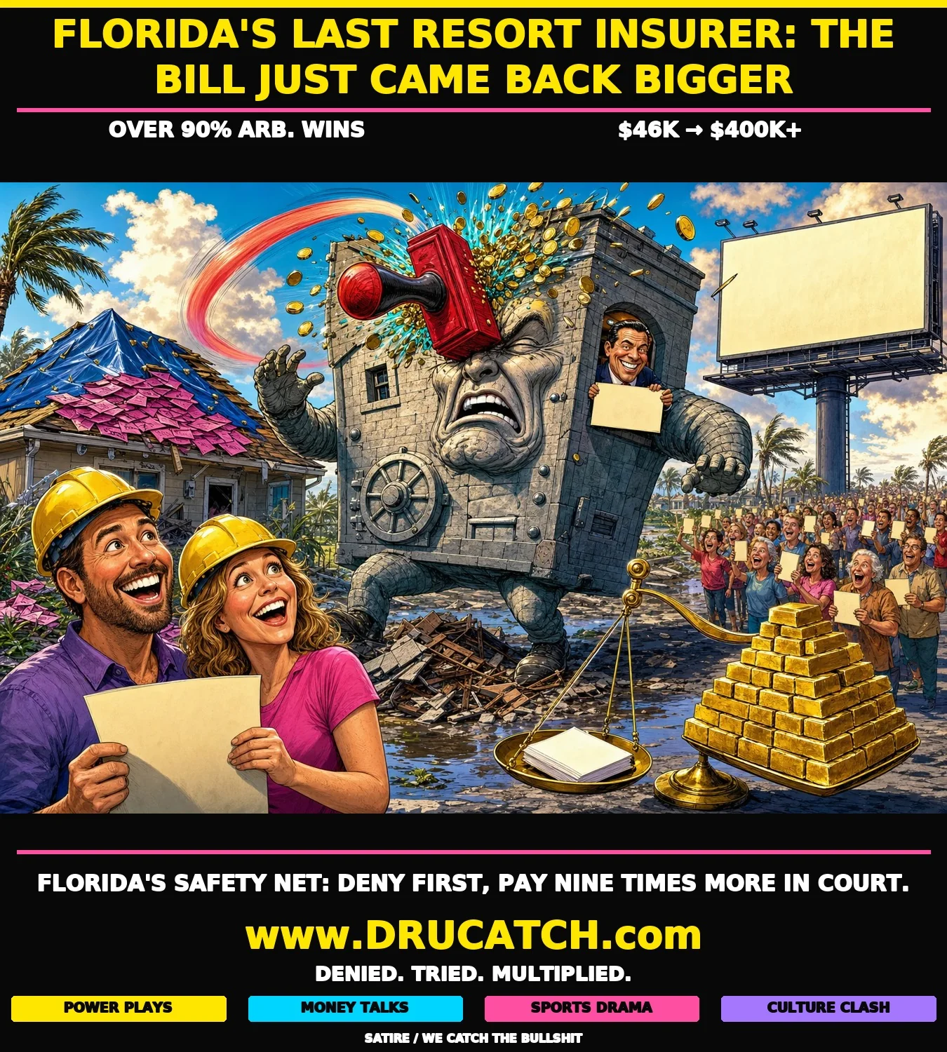 The Boomerang Denial - Citizens Insurance vs. Guerra and Fitzgerald Editorial cartoon: a giant personified insurance vault building recoils as its own DENIED stamp boomerangs back and hits it in the forehead, showering gold coins, while a Florida couple watches from their roofless home.