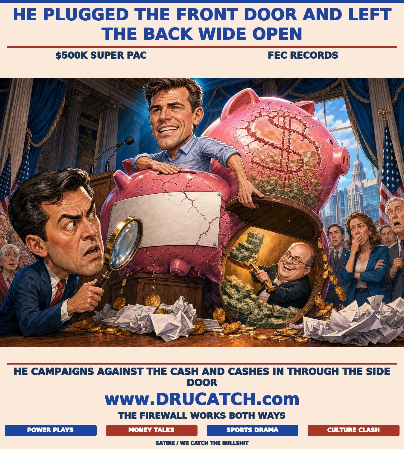 Editorial cartoon of caricature politician plugging a giant piggy bank's coin slot while a caricature billionaire shovels cash through a trapdoor underneath