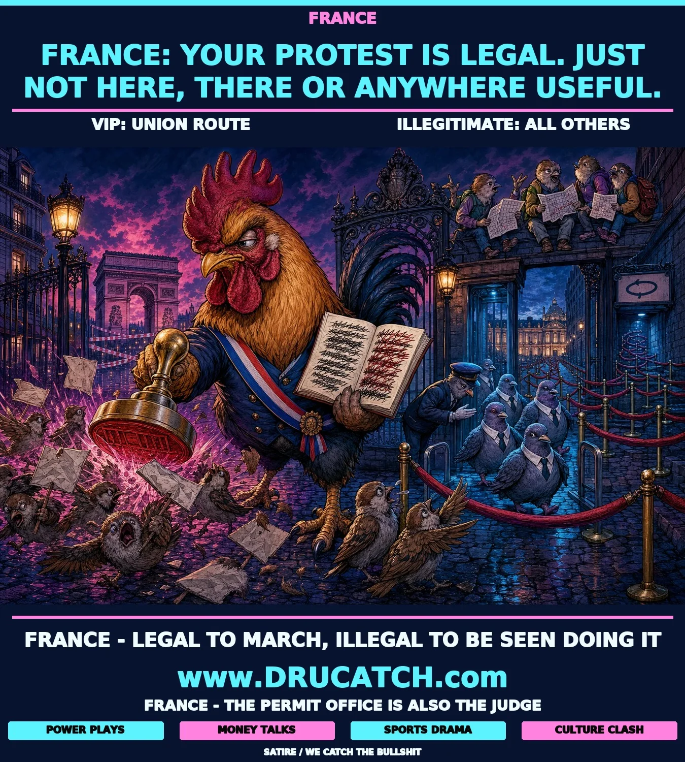 France: Macron's Selective Protest Permit Office Editorial cartoon of an anthropomorphic rooster in a presidential sash stamping ILLEGITIMATE on a crowd of protesting sparrows at Paris city gates, while union pigeons pass freely through a VIP turnstile beside them.