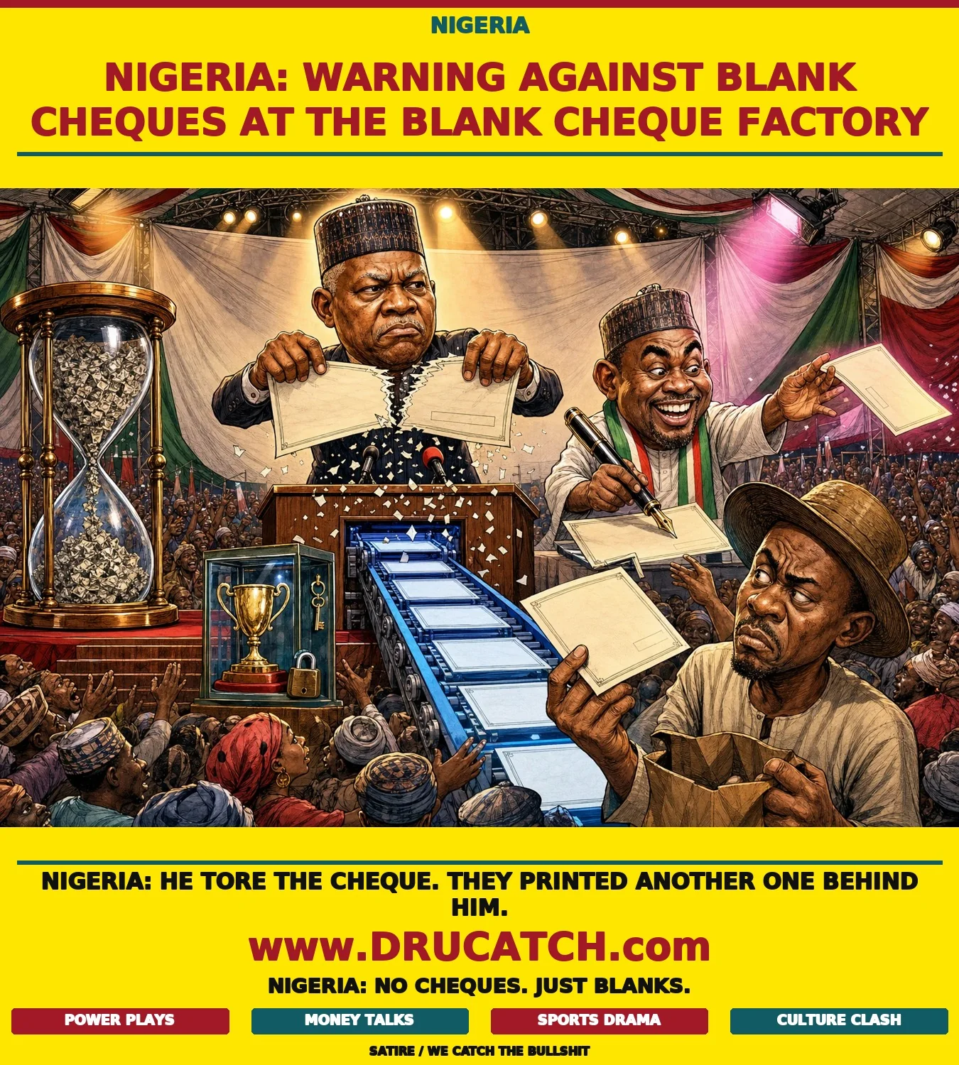 Editorial caricature of Nigeria's VP Shettima tearing a giant blank cheque at a podium while his party chairman signs and distributes fresh ones from the same stage to an audience of northern Nigerian voters.