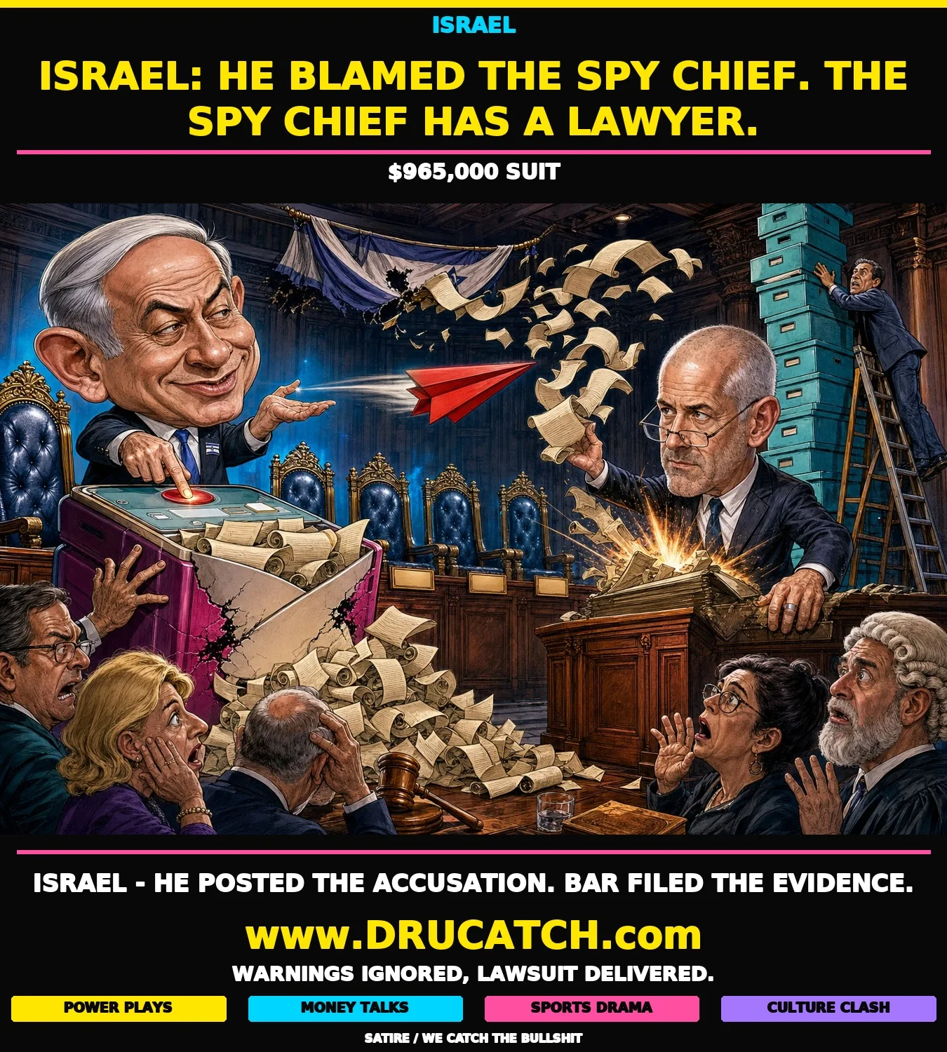 Israel: Netanyahu Blamed the Spy Chief. The Spy Chief Brought Receipts. Editorial caricature: Netanyahu jabs a giant smartphone SEND button, launching a paper-airplane accusation at former Shin Bet chief Ronen Bar, who catches it one-handed and slams a towering court filing onto a courtroom counter, sending warning memos arcing back into Netanyahu's overflowing inbox.