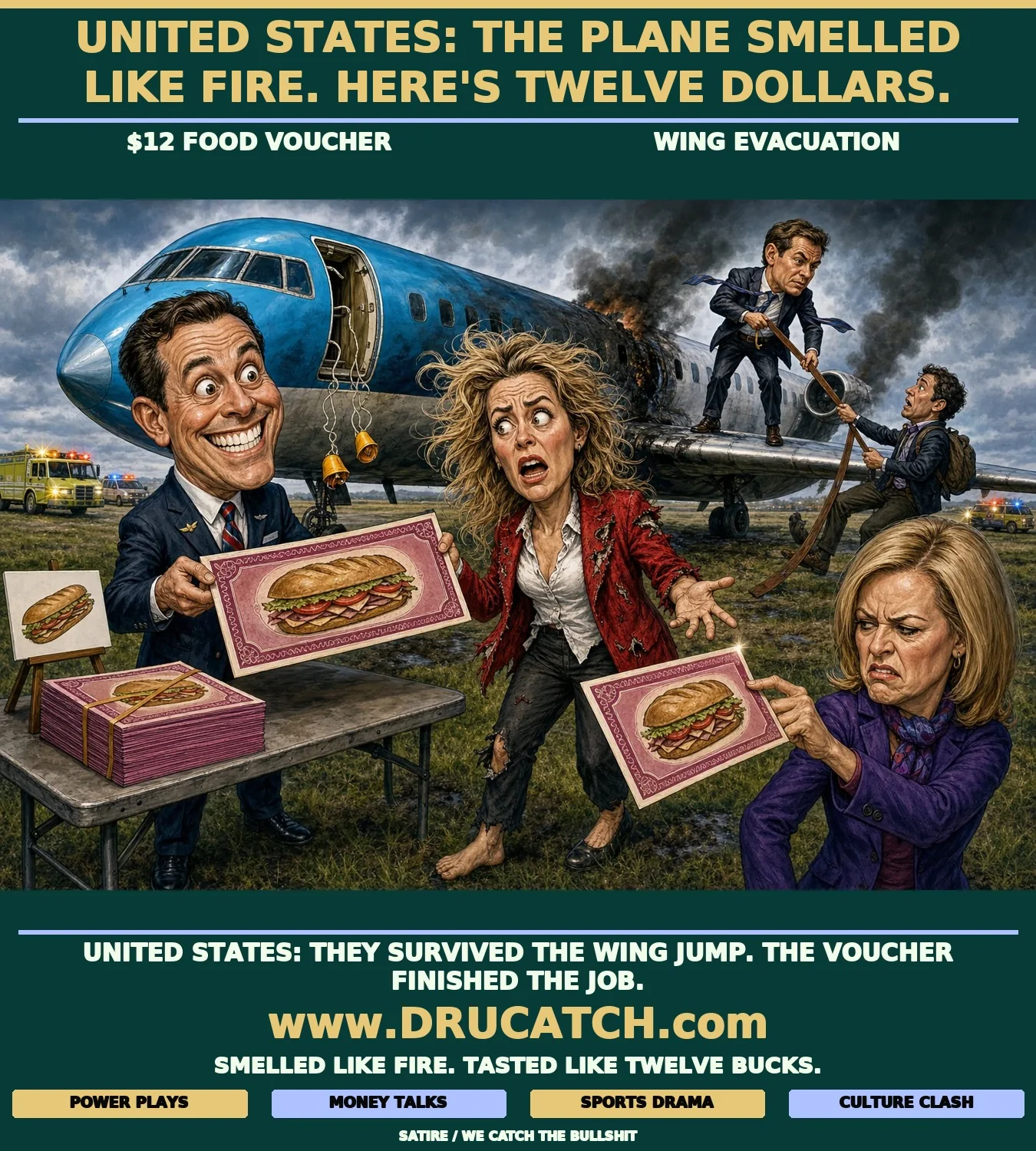 American Airlines: $12 and a Sandwich, Good as New Editorial cartoon of an American Airlines agent presenting a giant novelty $12 food voucher to a disheveled Tessa Springer caricature in an open field while the smoking CRJ-900 jet and an ongoing wing evacuation continue directly behind her.