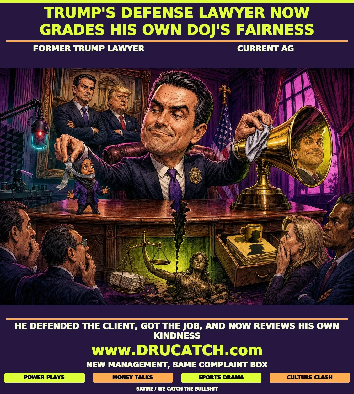 Editorial cartoon of AG Todd Blanche at a split DOJ desk removing tape from Ilhan Omar's mouth while polishing a trophy, with his old portrait as Trump's lawyer on the wall behind him