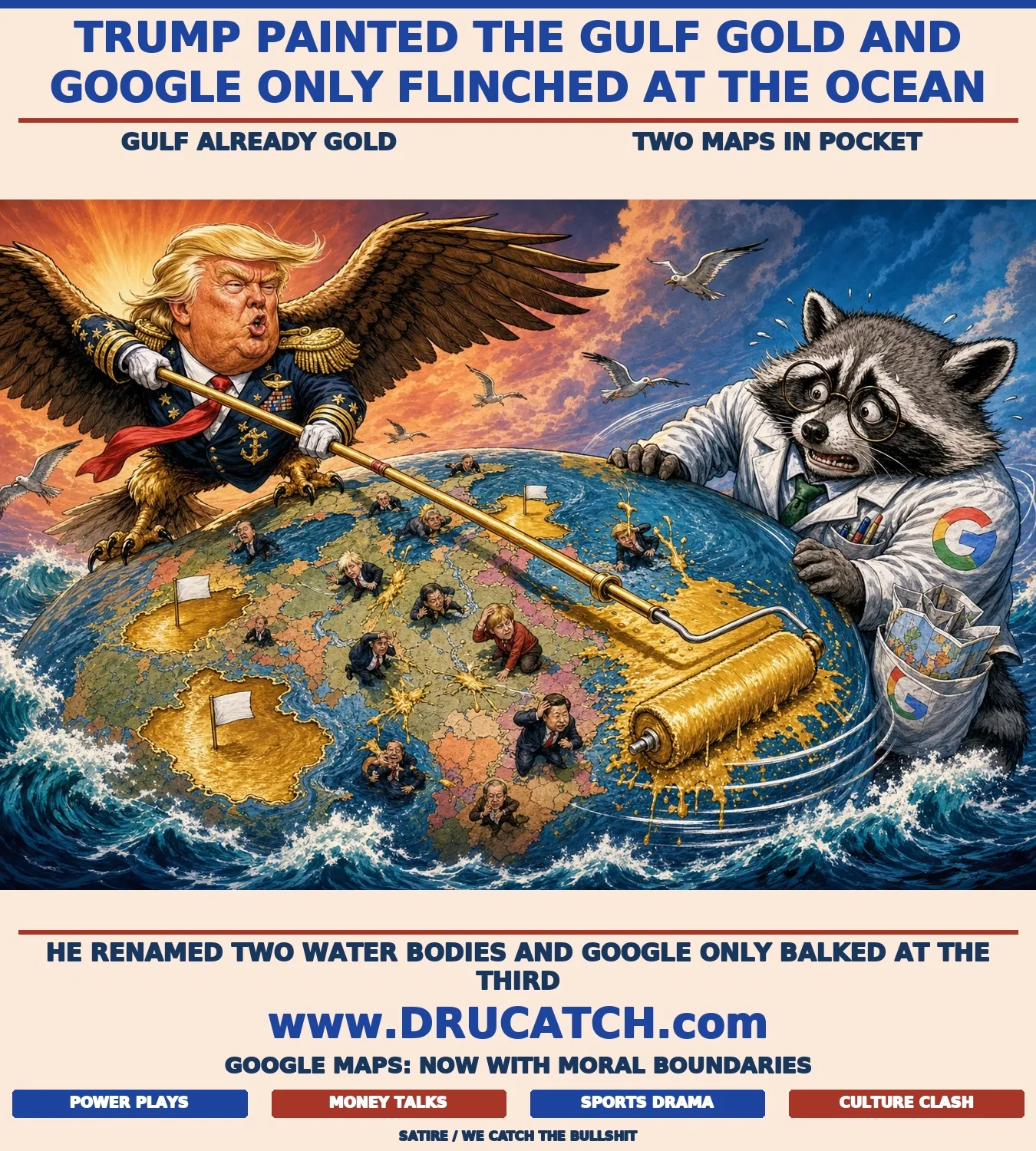 Editorial cartoon of a caricature eagle with Trump's face in an admiral's uniform painting a globe's ocean gold while a raccoon in a Google lab coat spins the globe backward to resist