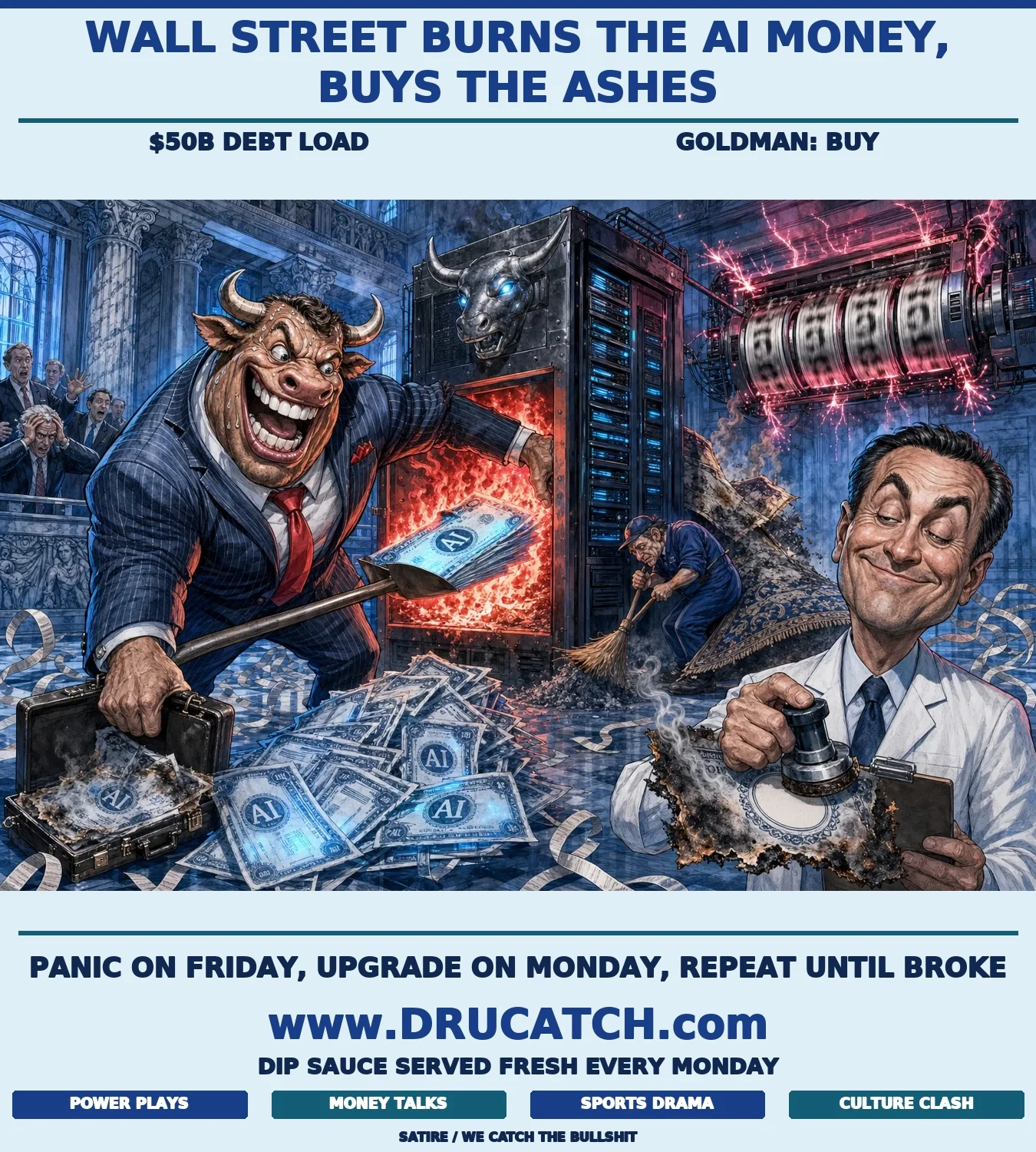 Caricature Wall Street bull in a pinstripe suit shovels AI stock certificates into a furnace-shaped server rack while grabbing singed certificates from the back, as a Goldman analyst stamps approval on burnt stocks