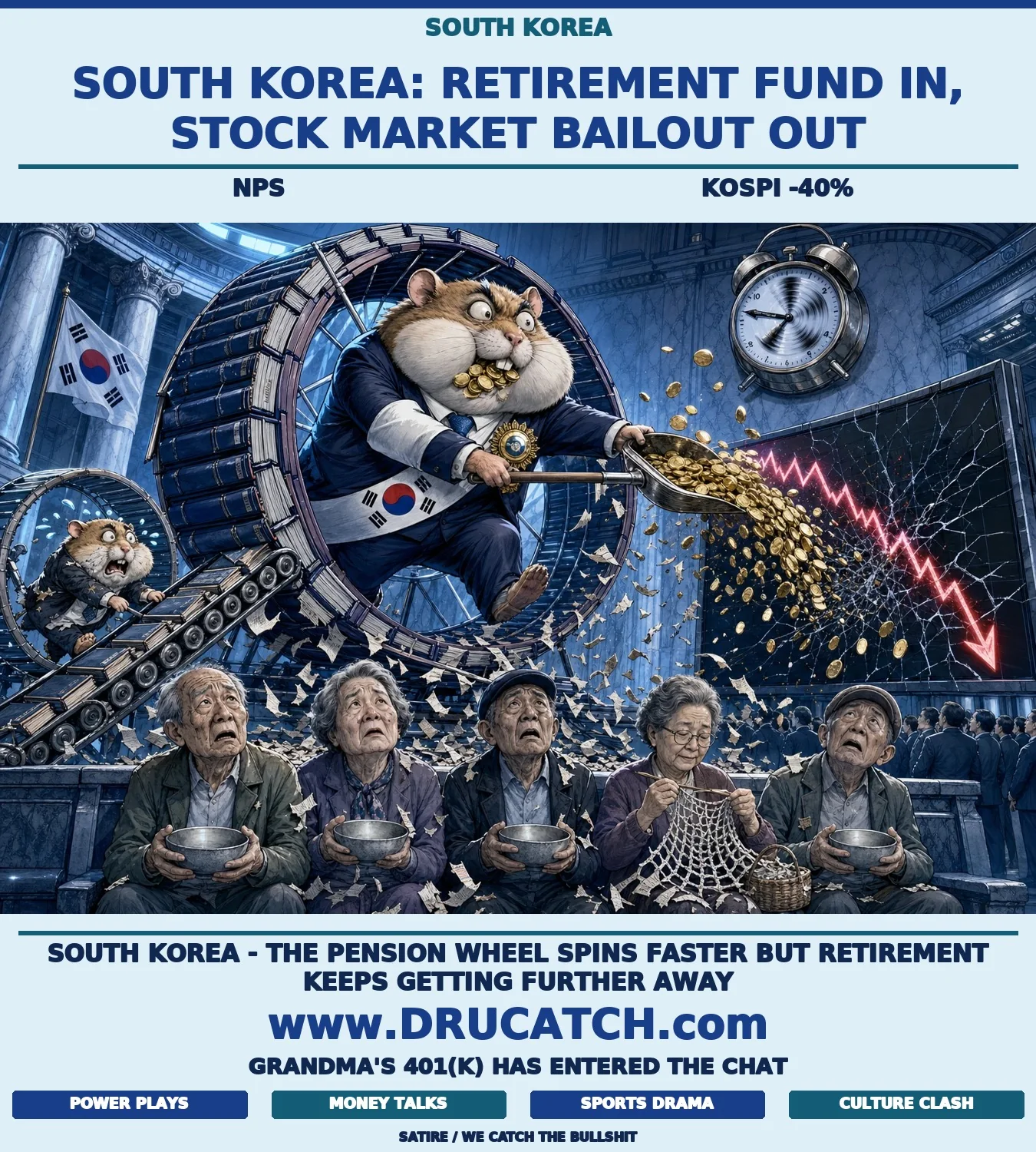 Editorial cartoon of an anthropomorphic hamster in a presidential sash shoveling golden coins from a pension-book hamster wheel into a crashing stock ticker while elderly retirees below catch shredded savings pages in empty bowls