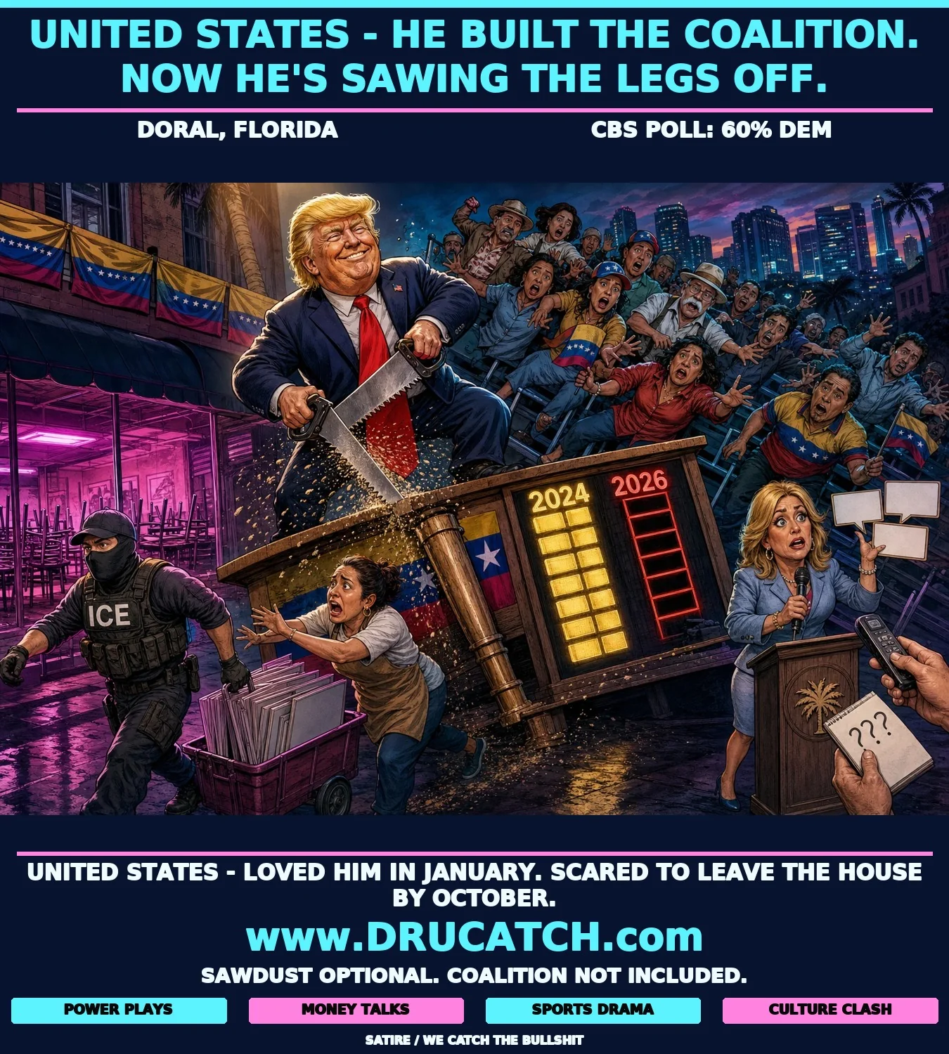 United States - Doral's Loyalty Gets the Saw Editorial cartoon of a caricature Trump sawing the legs off his own campaign podium in Doral, Florida, while Latino voters in the bleachers tilt away and a masked ICE agent wheels off local business signs in the foreground.