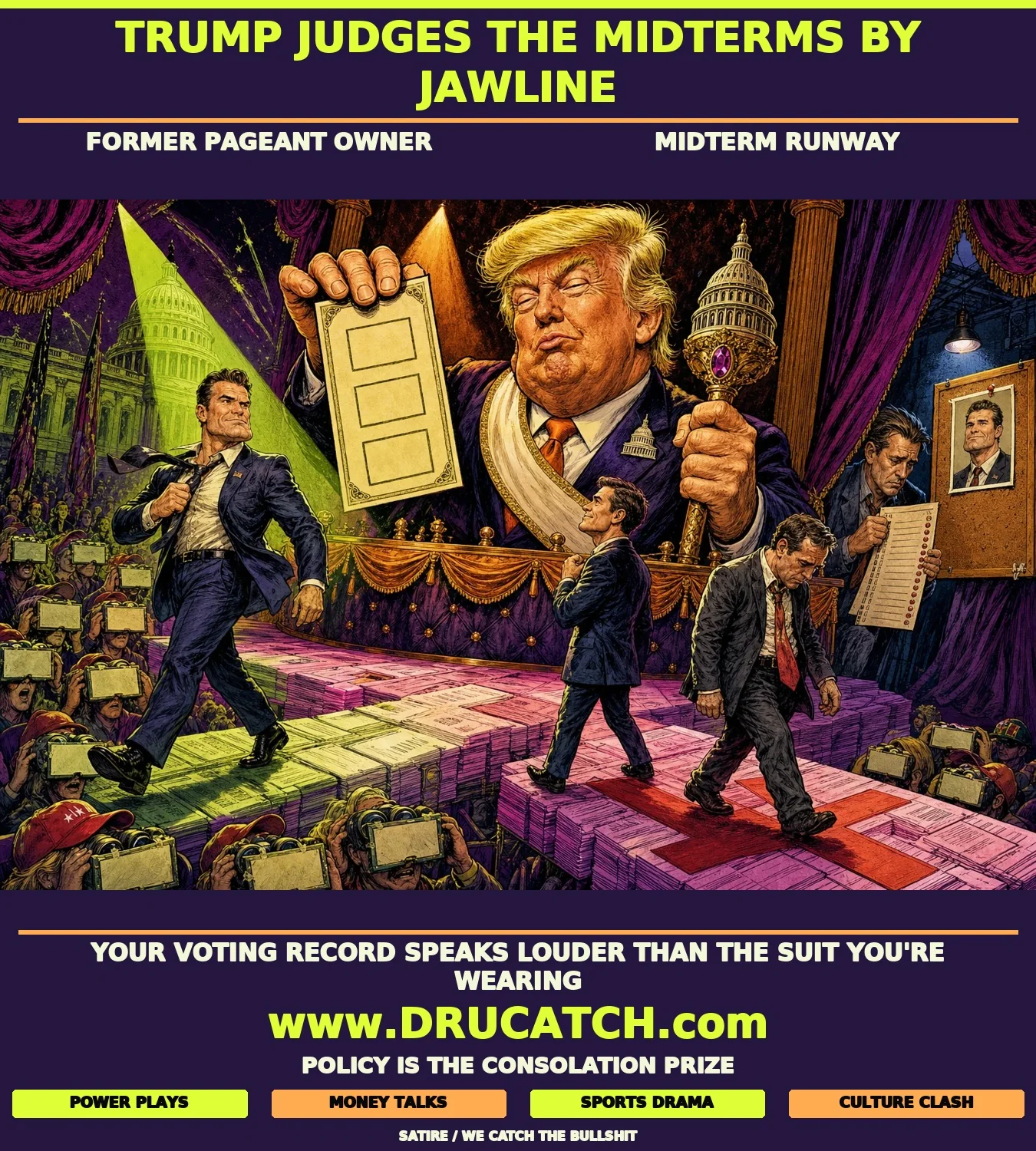 Editorial cartoon of Donald Trump caricature holding a scorecard at a pageant judging table while Republican candidates walk a fashion runway built from stacked policy documents