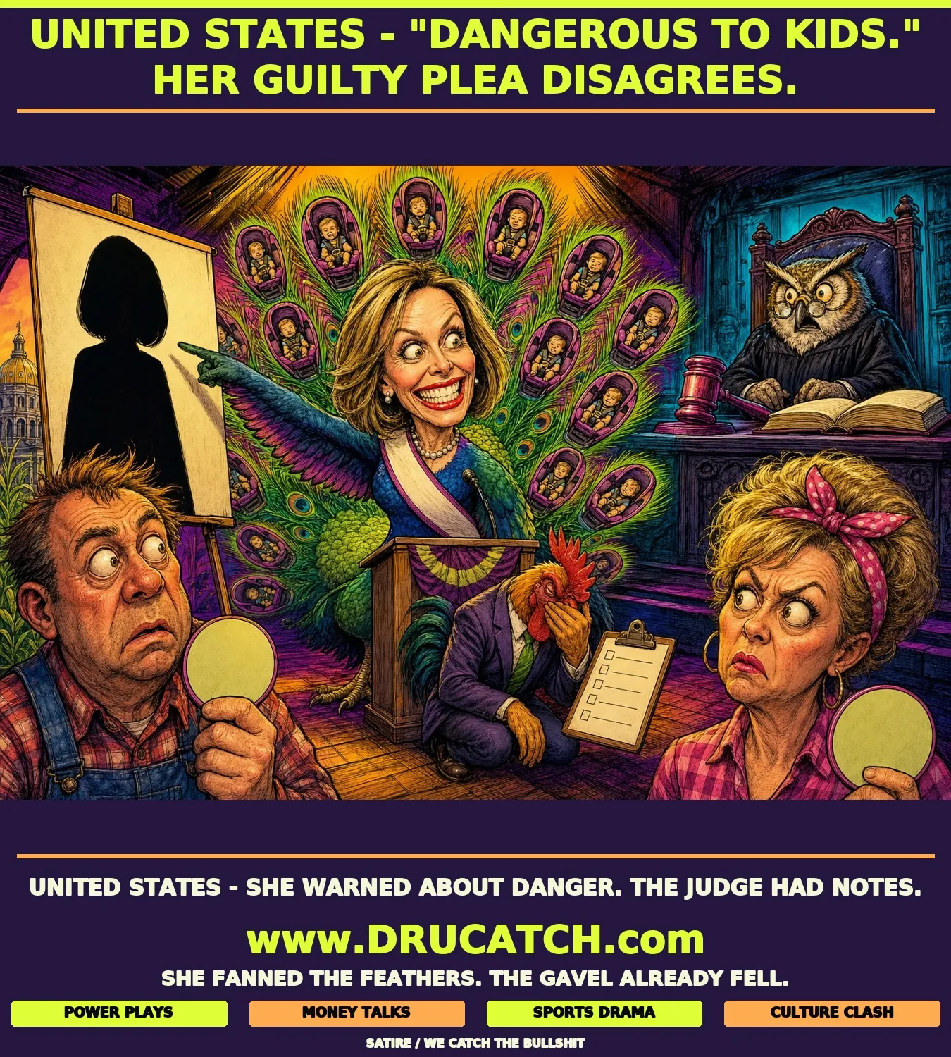 Iowa's Child Safety Peacock Has a Court Record Editorial cartoon caricature of a peacock with Shellie Flockhart's face, fanning tail feathers shaped like child car seats, pointing at a warning poster on a campaign stage while a judge owl presides over a guilty-plea docket directly behind her.