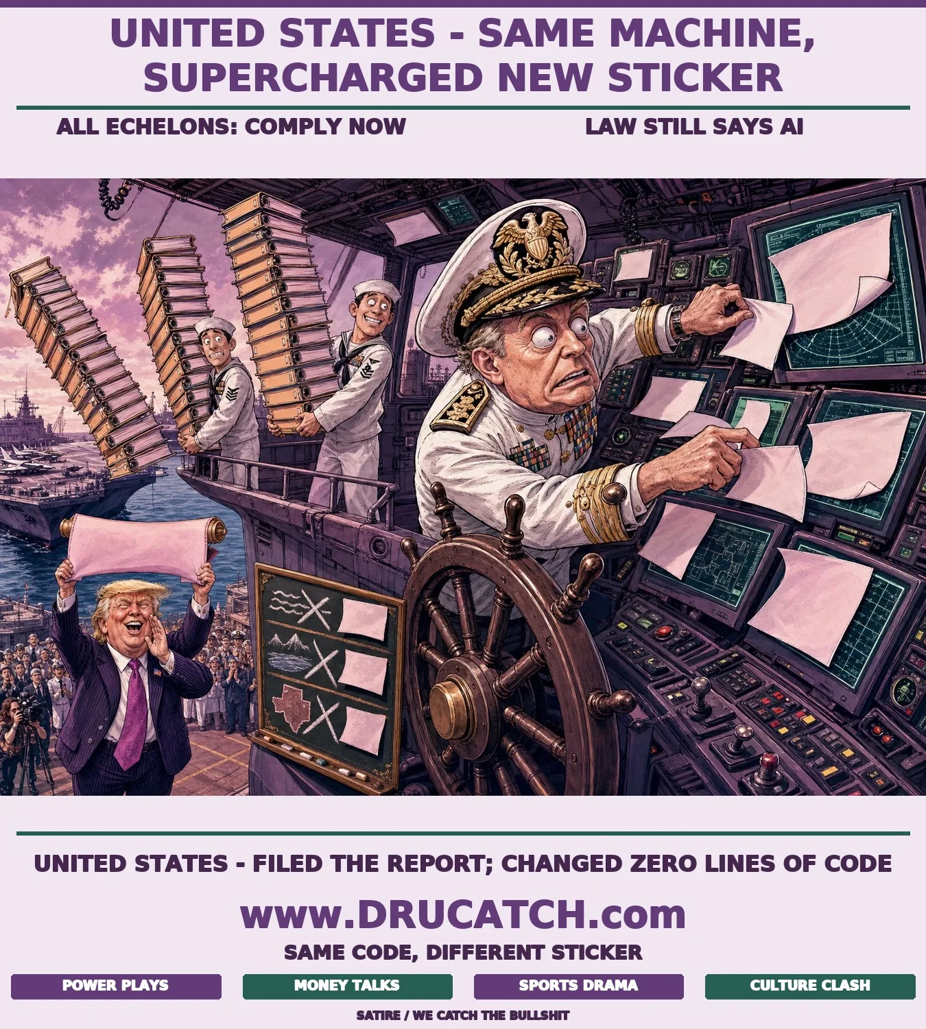 Editorial cartoon: a U.S. Navy admiral frantically pastes Super Intelligence labels over glowing AI console screens on a warship bridge, while Trump waves an executive order scroll from the dock below and sailors struggle under towers of compliance binders.