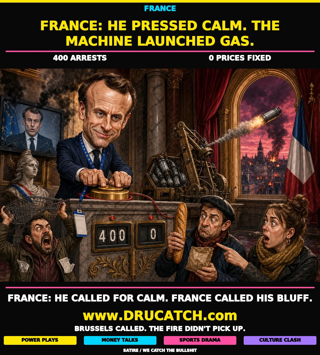 France: Macron's Calm Button and the Catapult Behind It Editorial caricature of Emmanuel Macron pressing a giant calm button at a podium while a Rube Goldberg catapult behind him launches tear gas through a window toward a burning Paris skyline