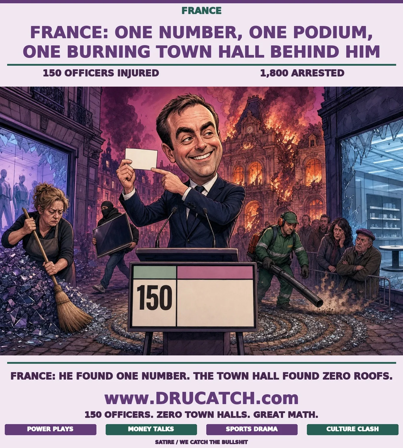 Editorial cartoon caricature of French Prime Minister Sébastien Lecornu at a press podium holding an index card while Limoges town hall burns behind him, a shopkeeper sweeps shattered glass in the foreground, and a masked rioter carries a TV past unnoticed.