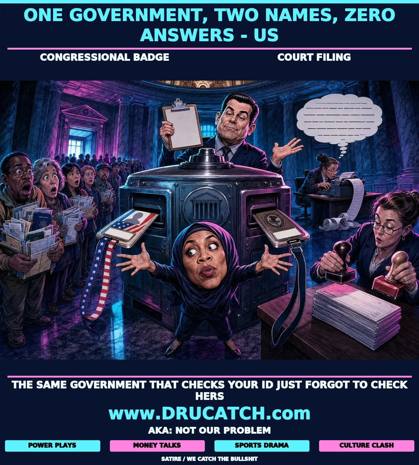 Editorial cartoon caricature: a figure representing Rep. Ilhan Omar stands between two government badge machines simultaneously printing different name badges - one congressional, one court-filing - while the AG shrugs behind a clipboard and ordinary citizens clutching identity documents stare in disbelief.