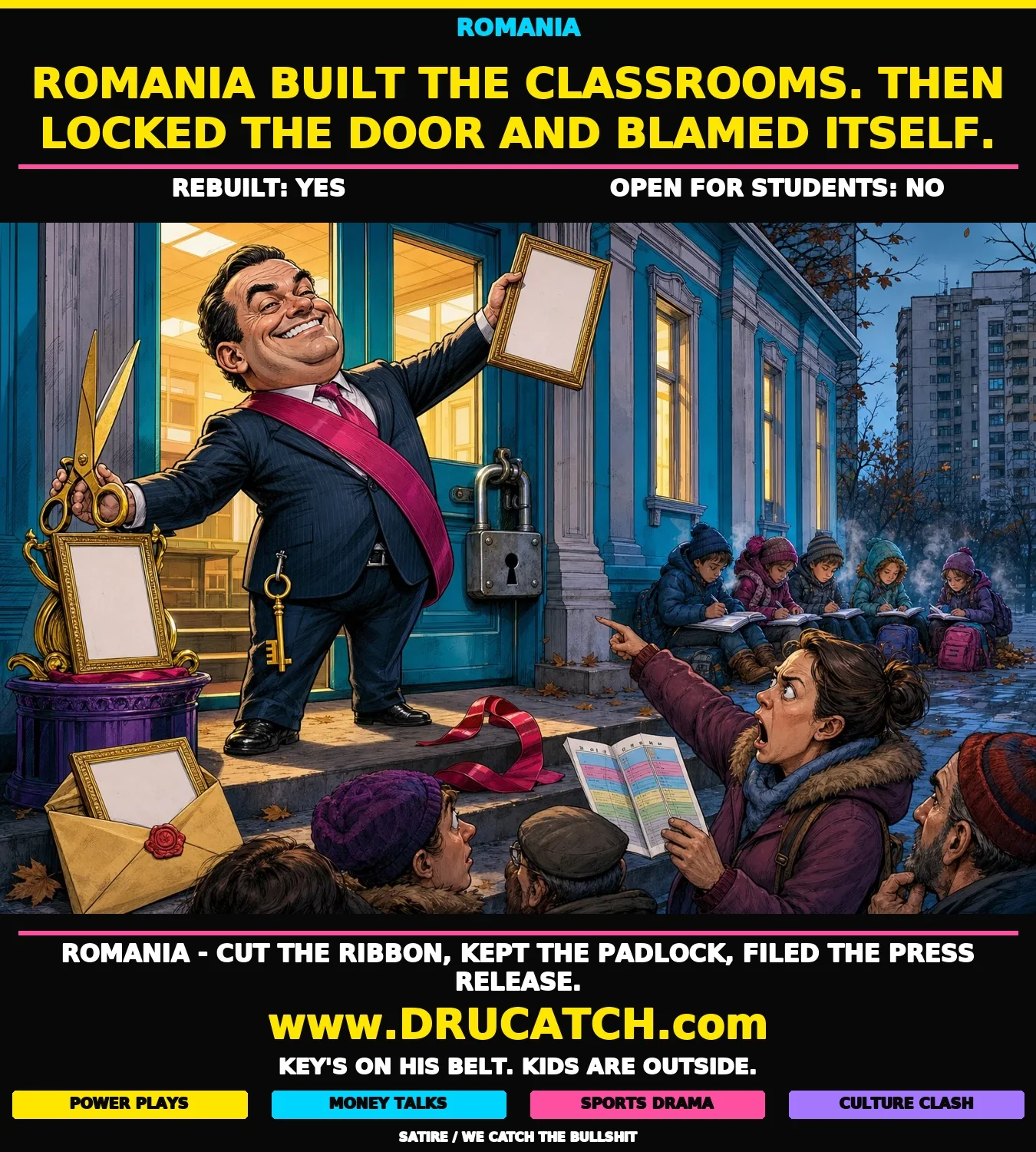 Romania - Rebuilt, Locked, Celebrated Editorial cartoon: A Bucharest city official celebrates in front of a gleaming rebuilt school, holding giant scissors and a framed press release, while a massive padlock secures the door behind him. The key to the padlock hangs visibly from his own belt. Students in winter coats sit on the pavement outside doing homework.