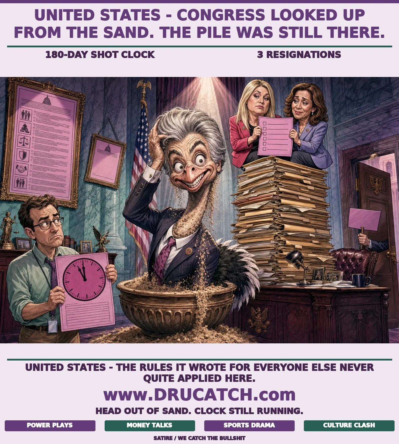 Editorial cartoon of a caricature congressional ostrich pulling its head from a sand urn, blinking at a towering pile of ethics case folders, while two lawmakers hold a reform checklist on top and a staffer below clutches a 180-day deadline complaint form.