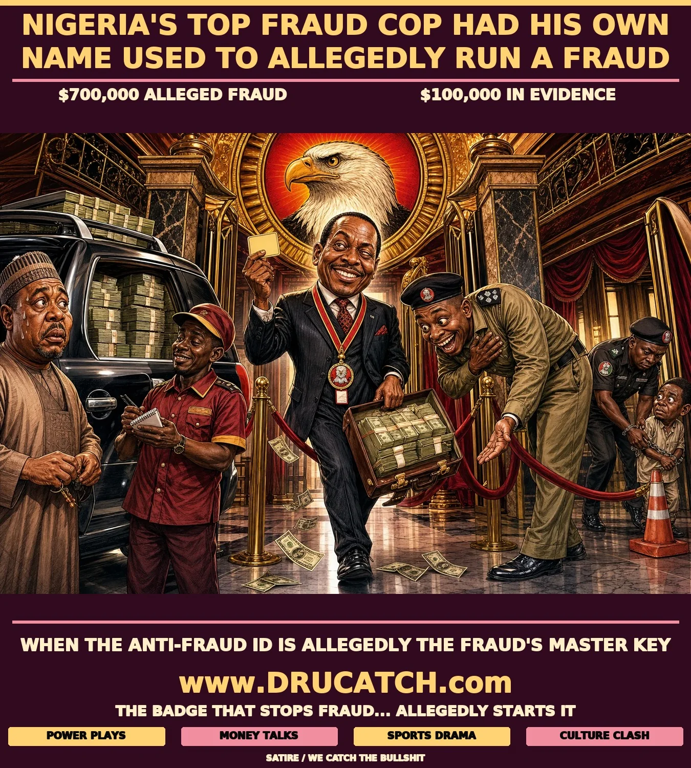 Editorial cartoon showing a caricature of a man in an EFCC-branded lanyard waving a business card as a golden ticket through a velvet-rope checkpoint, briefcase overflowing with cash, while a second figure waits by an SUV packed with money and a background officer arrests someone for something trivial.