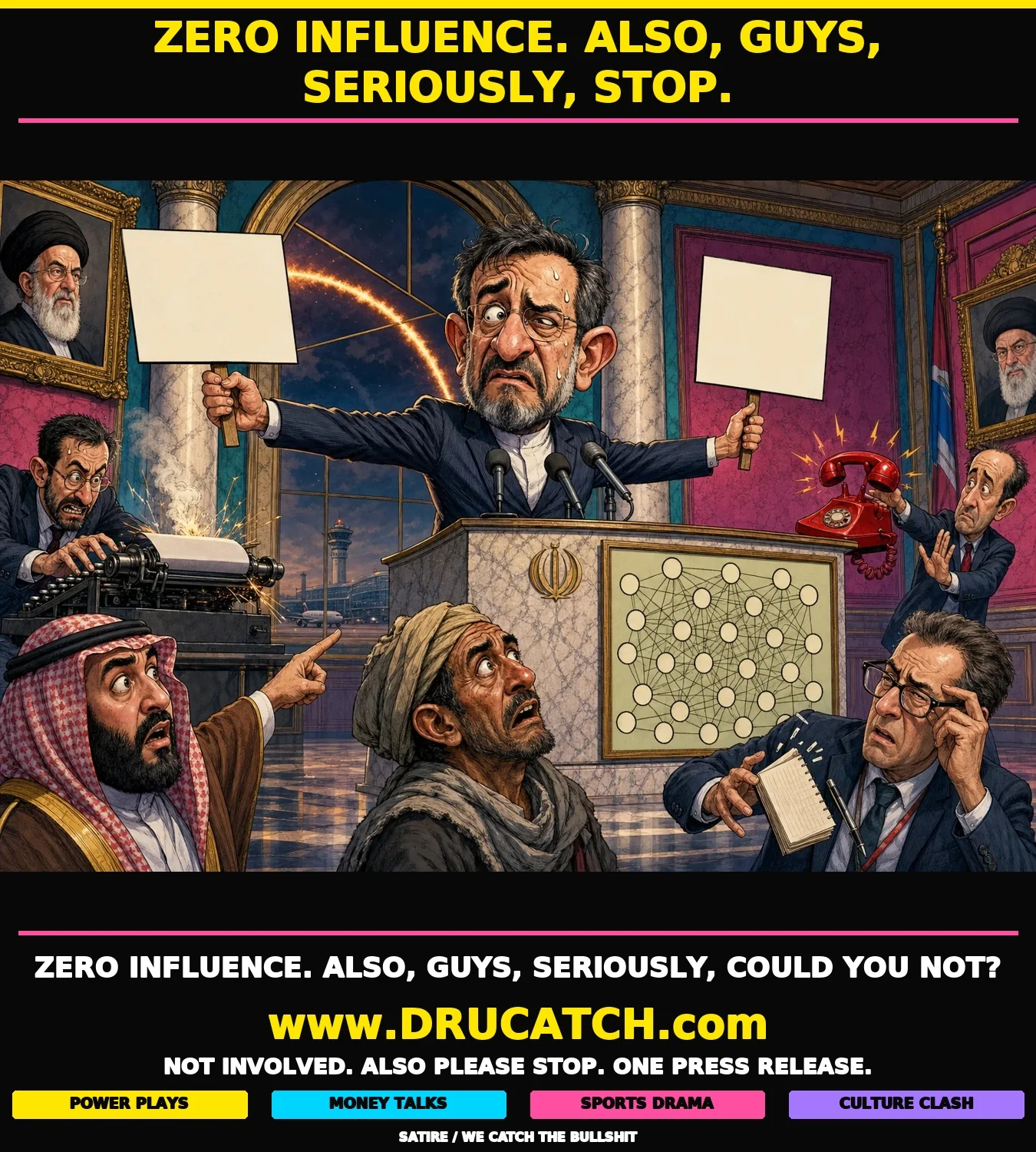 Editorial cartoon: an Iranian foreign ministry spokesman at a podium holds two blank signs with contradictory gestures - fierce denial with one hand, pleading restraint with the other - while a missile arc crosses the sky through the window behind him and a staffer refuses to answer a ringing red telephone.
