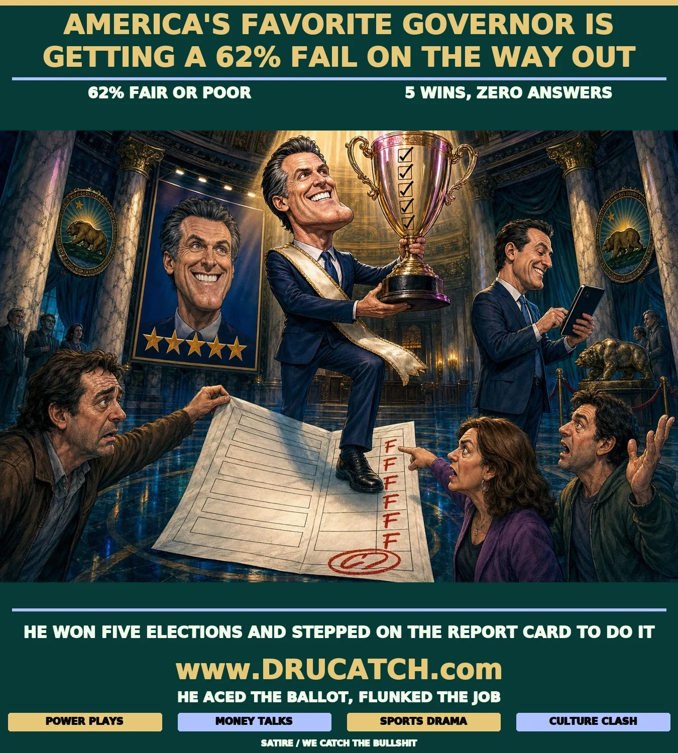 Editorial caricature of Gavin Newsom holding an electoral trophy aloft while standing on an open report card full of failing grades, as California voters in the foreground try to show him the results and a spokesperson looks away typing spin on a phone.