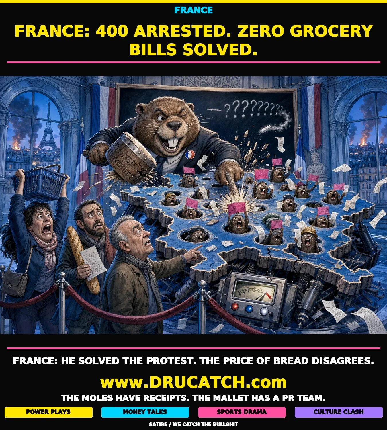 France: The Minister and His Mallet Editorial cartoon caricature of a beaver in a French Interior Ministry suit triumphantly slamming a Whac-A-Mole machine shaped like France, each mole holding a protest banner, counter reading 400, as citizens in the foreground hold empty baskets and rent notices.