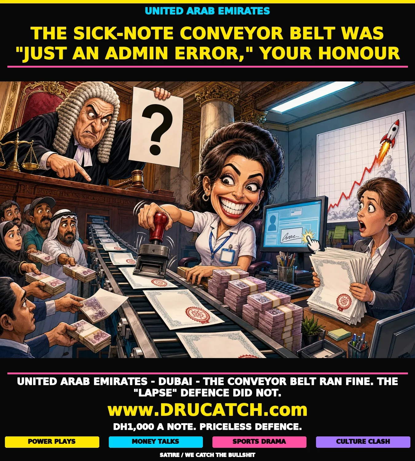 Editorial caricature of a Dubai clinic clerk stamping a conveyor belt of fake medical certificates for cash while a judge looms overhead with a giant question mark and an HR manager reacts in horror at a spike in absences.