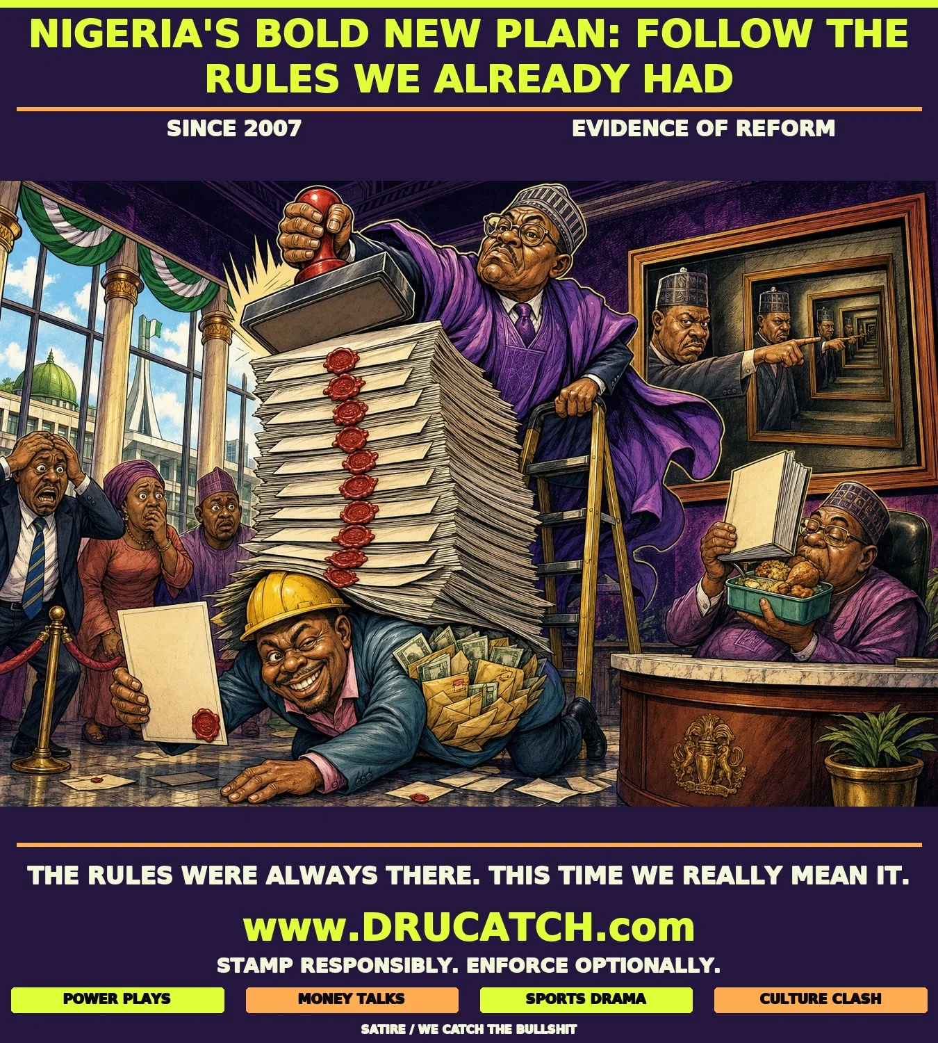 Editorial cartoon of a Nigerian bureaucrat stamping a new circular onto a towering pile of identical prior circulars while a grinning contractor crawls underneath clutching a bid form, unbothered