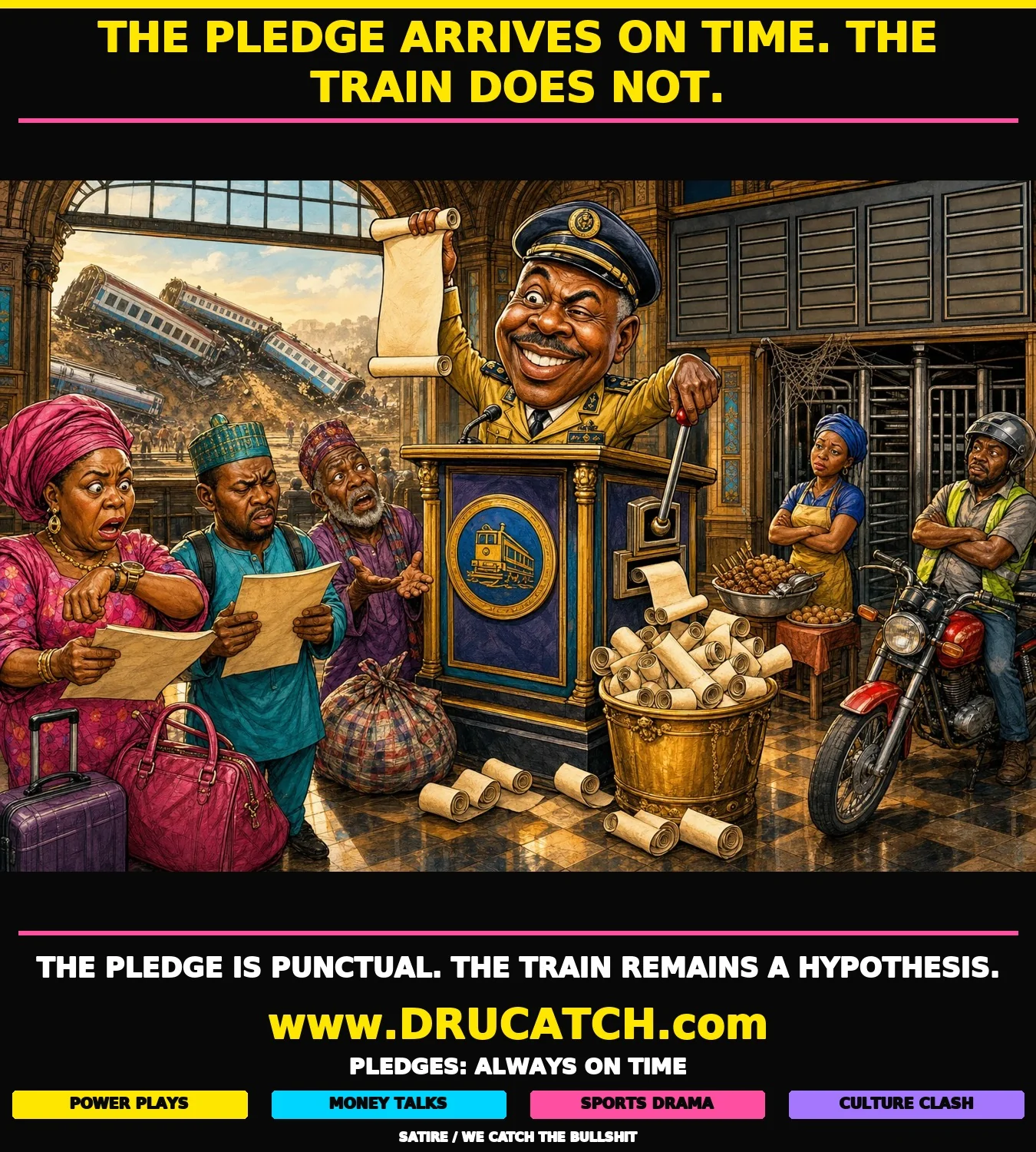 Editorial cartoon: a uniformed NRC official at a podium triumphantly holds a blank safety pledge scroll aloft while a slot machine on the podium's side ejects identical blank scrolls into an overflowing bucket; through the station window behind him, a derailed jackknifed train with overturned coaches sits on an embankment; waiting passengers with curling timetables and a cobwebbed turnstile fill the foreground.