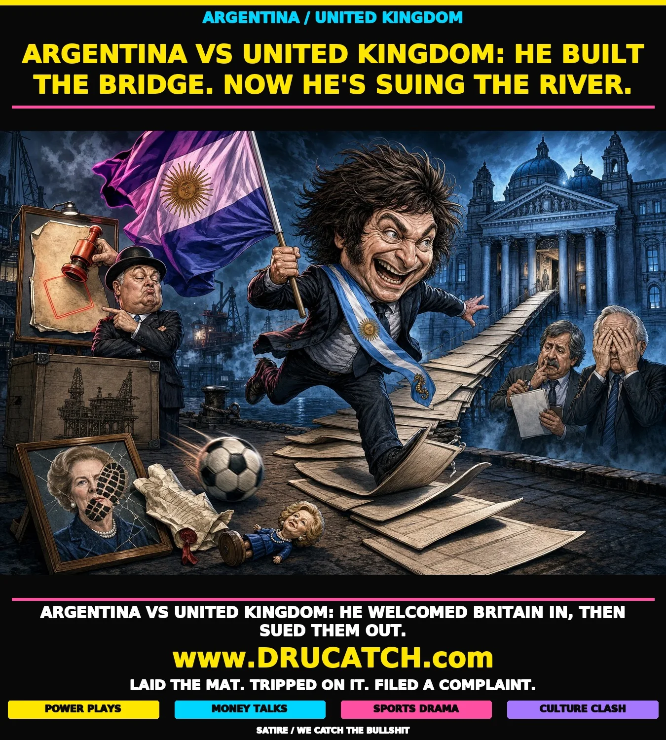 Argentina vs United Kingdom: Milei's Welcome-Mat Sovereignty Charge Editorial cartoon of Javier Milei running across a gangplank made of Welcome Britain doormats toward a Hamburg Tribunal building, tripping on his own welcome mats while waving an Argentine sovereignty flag, as a British diplomat stamps an Unreliable Partner certificate nearby.