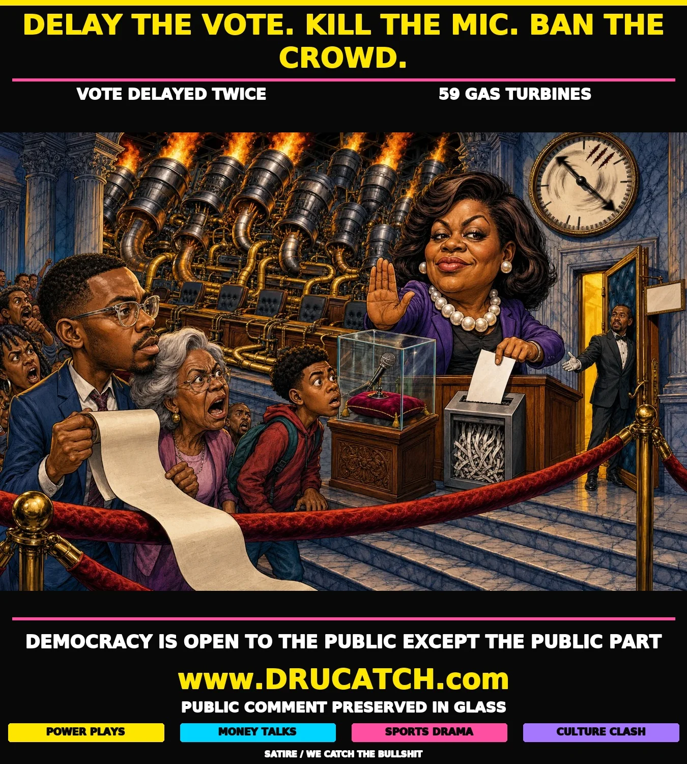 Editorial cartoon of a Memphis City Council chairwoman blocking citizens with a velvet rope while gas turbines fill the council chamber behind her