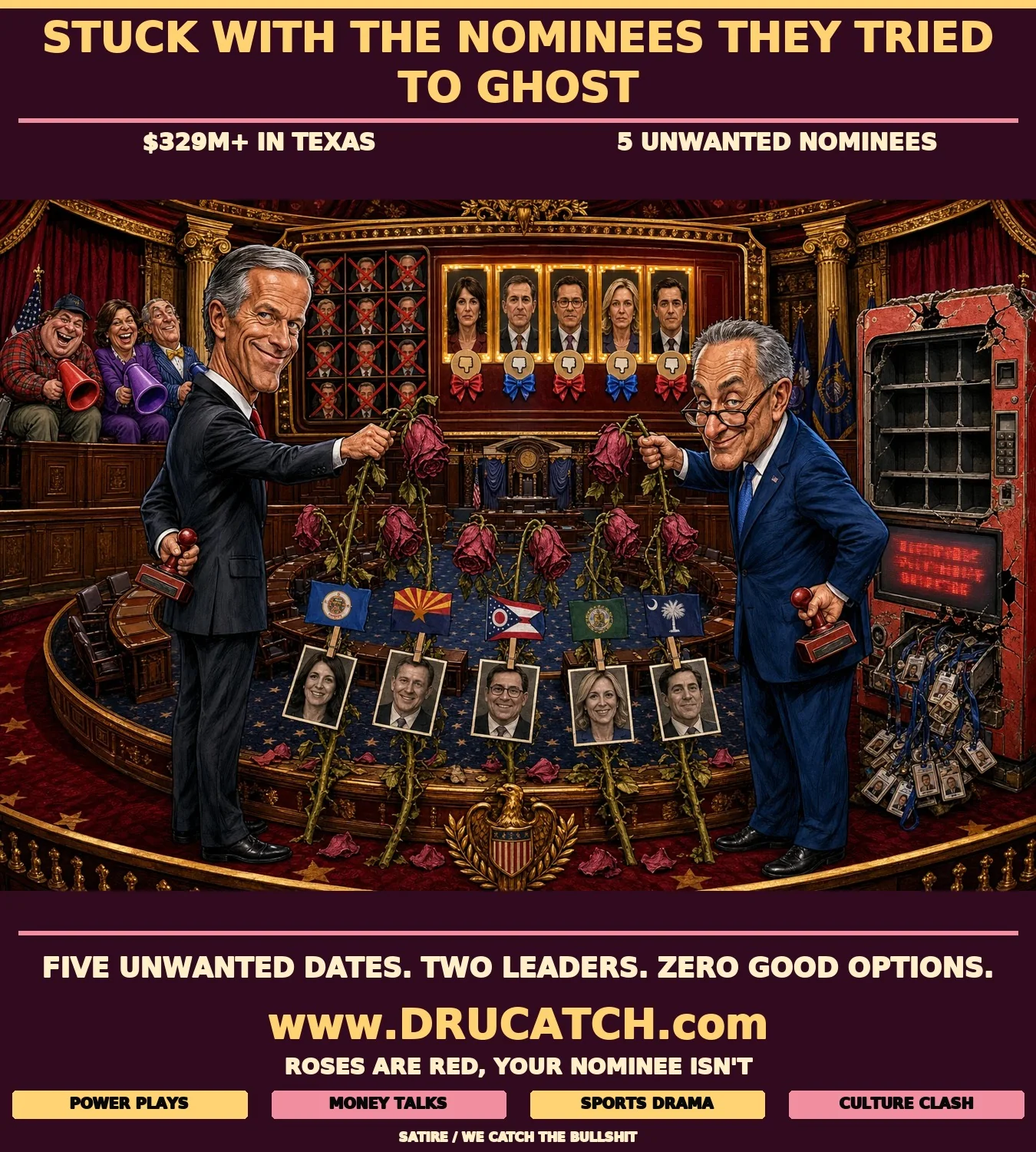 Editorial cartoon of John Thune and Chuck Schumer presenting wilting roses to five unseen nominees while hiding veto stamps behind their backs, with a broken Party Loyalty vending machine in the corner and three rogue ex-senators cheering from the rival bench.