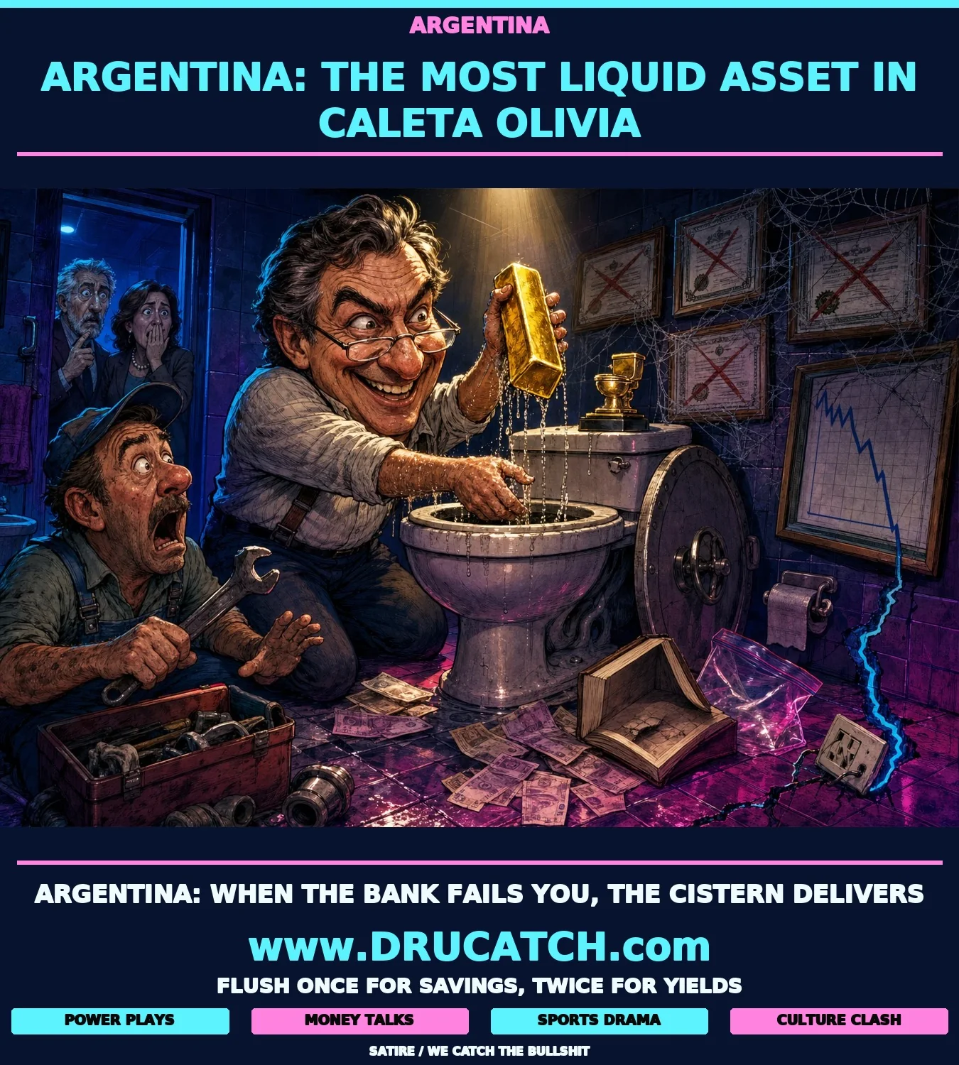 Editorial cartoon of a caricature Argentine man hoisting a dripping gold ingot from a toilet tank, a stunned plumber watching with a frozen wrench, and cobwebbed bank certificates wilting on the tiled wall behind.