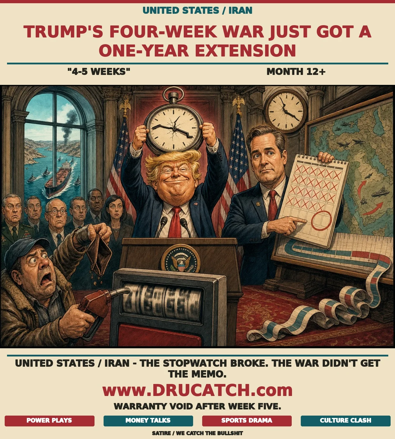 Editorial cartoon caricature of Trump holding a broken frozen stopwatch at a military podium while UN Ambassador Mike Waltz stands behind him pointing at a calendar marked far into the future, a voter in the foreground staring at a spinning gas pump price display.