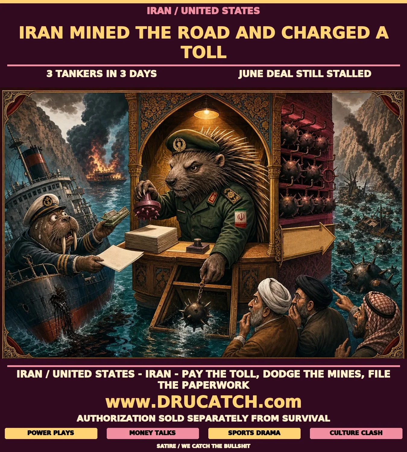 Iran Strait of Hormuz tollbooth mine cartoon Editorial cartoon of an anthropomorphic porcupine in military uniform operating a tollbooth while secretly dropping sea mines into the strait below, as a terrified ship captain approaches with paperwork