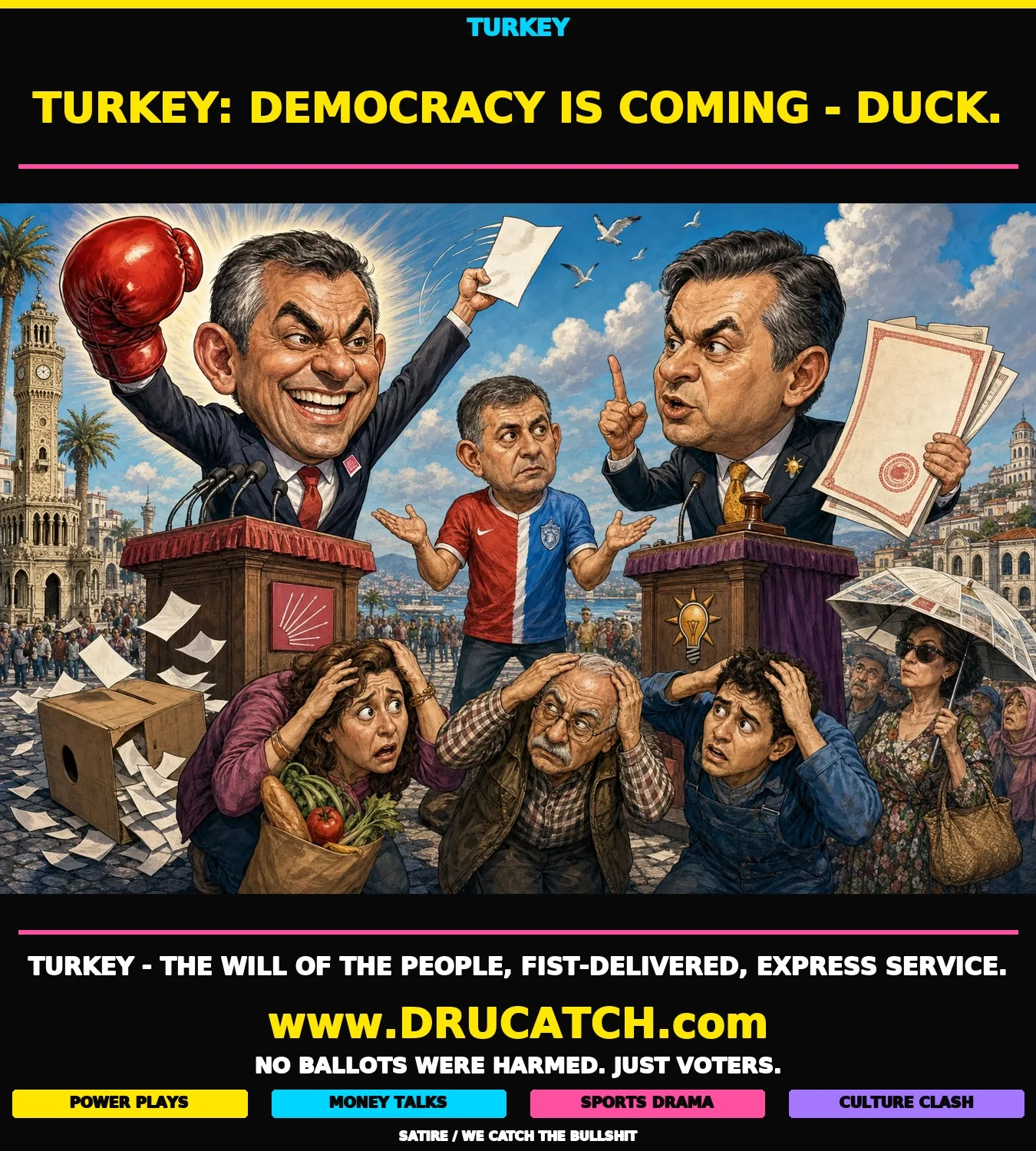 Izmir's Democracy, Delivered Express Editorial cartoon of Özgür Özel at a podium simultaneously brandishing a boxing glove and a ballot paper in Turkey's Izmir, while AK Parti's İnan waves a property deed behind him and Cemil Tugay stands between them in a two-color party jersey, as Izmir citizens duck for cover.