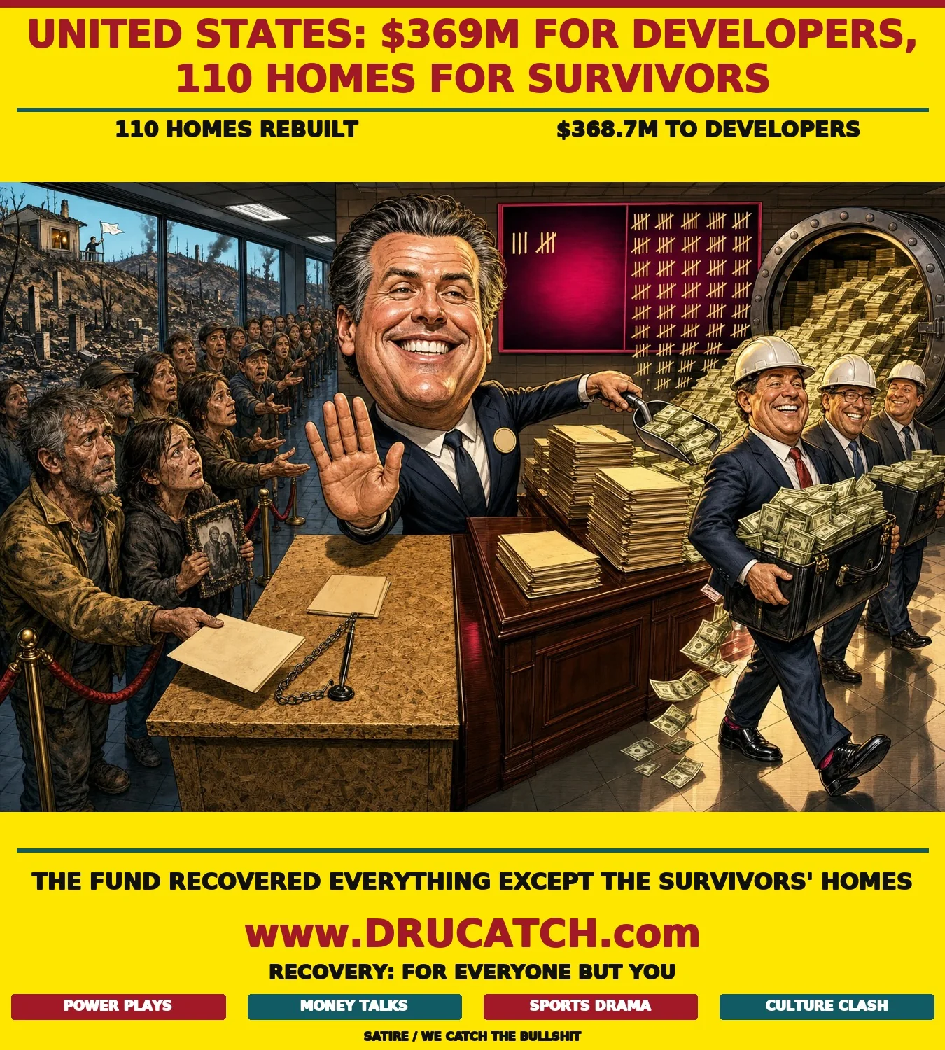Editorial cartoon of a California bureaucrat shoveling cash to developers while blocking wildfire survivors behind a velvet rope, with a scoreboard showing 110 rebuilt homes versus overflowing developer payments