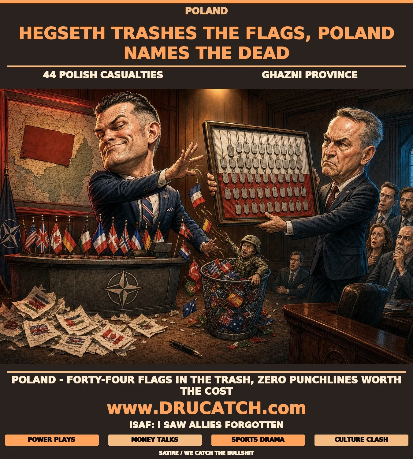 Poland reminds the Pentagon that ISAF had real allied casualties Editorial caricature of Pete Hegseth tossing allied flags into a wastebasket at a Pentagon podium while Radosław Sikorski holds up a memorial of Polish military dog tags