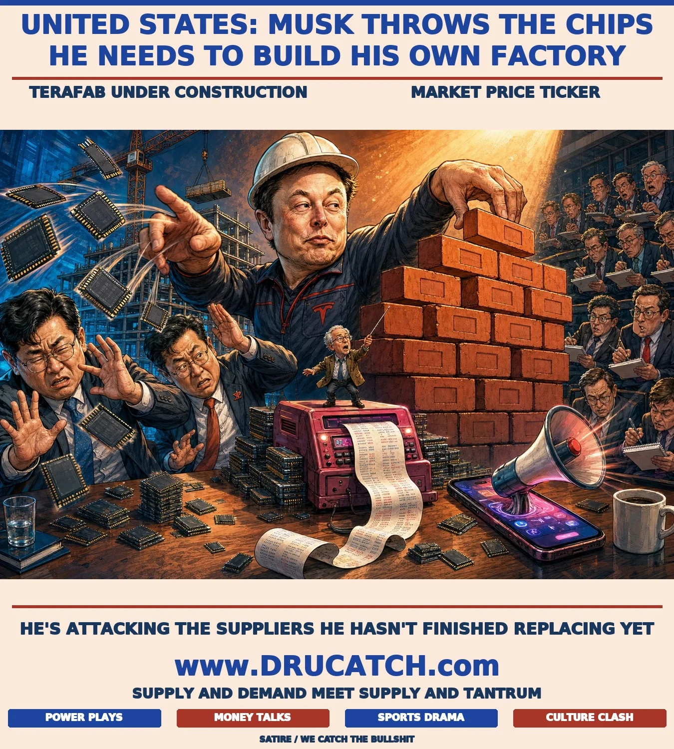 Editorial cartoon of caricature Elon Musk hurling memory chips at ducking Samsung and SK hynix executives while building a factory wall from the same chips behind him