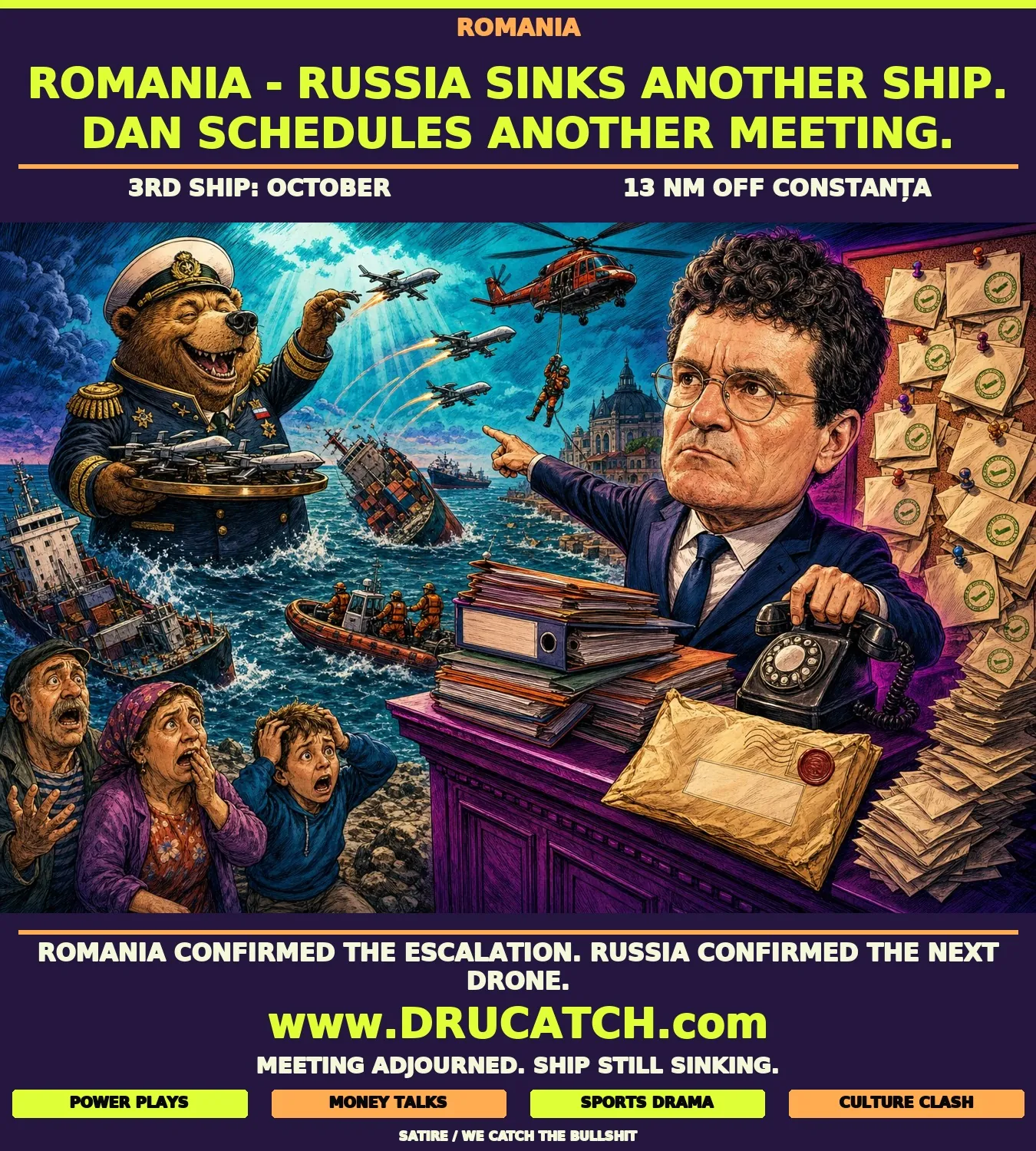 Editorial cartoon: a bear in a Russian naval coat launches drones at civilian ships in the Black Sea while a caricature of Romanian President Nicușor Dan dials a NATO phone from a podium stacked with committee folders on the shore.