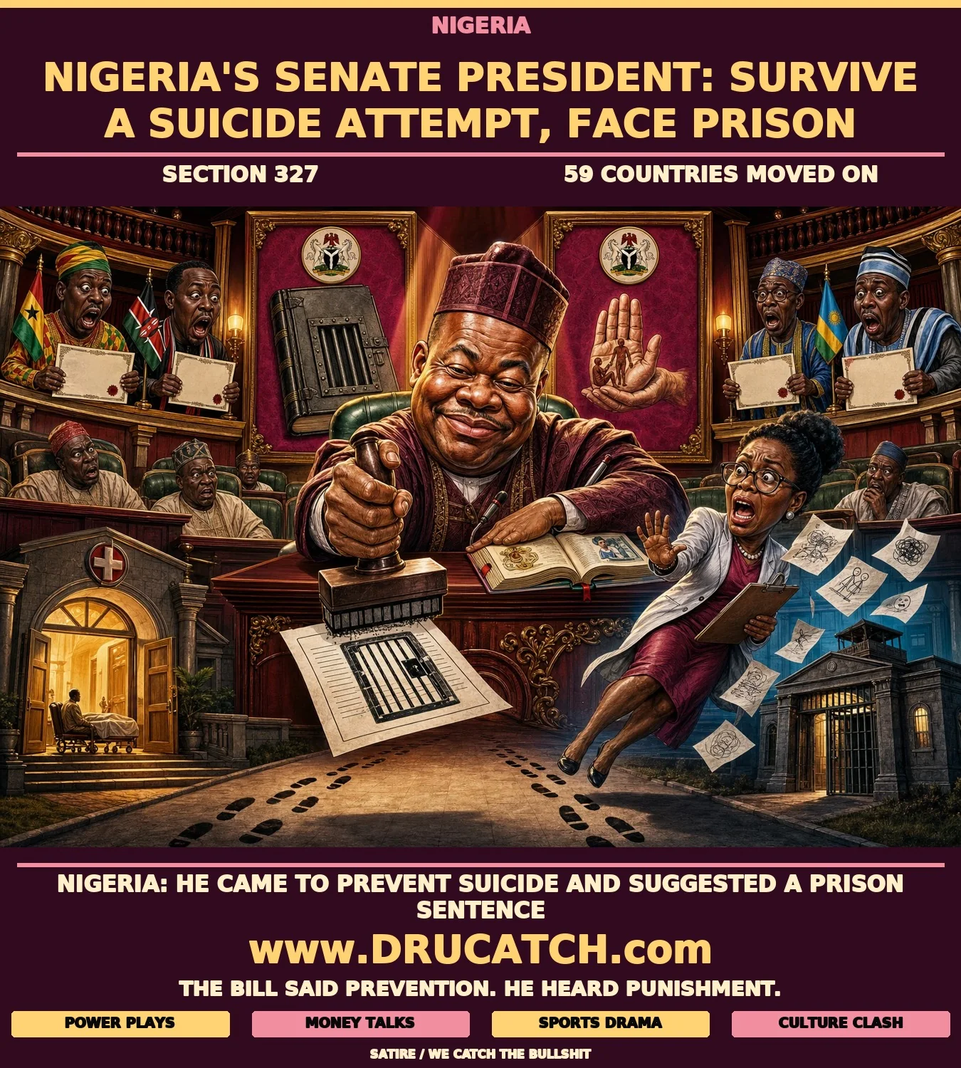 Editorial cartoon of a caricature Nigerian Senate President stamping a prison-bar seal onto a hospital discharge form at a Senate podium, while a psychiatrist recoils in shock and a path leads visibly from a hospital door straight to a prison gate in the same scene.