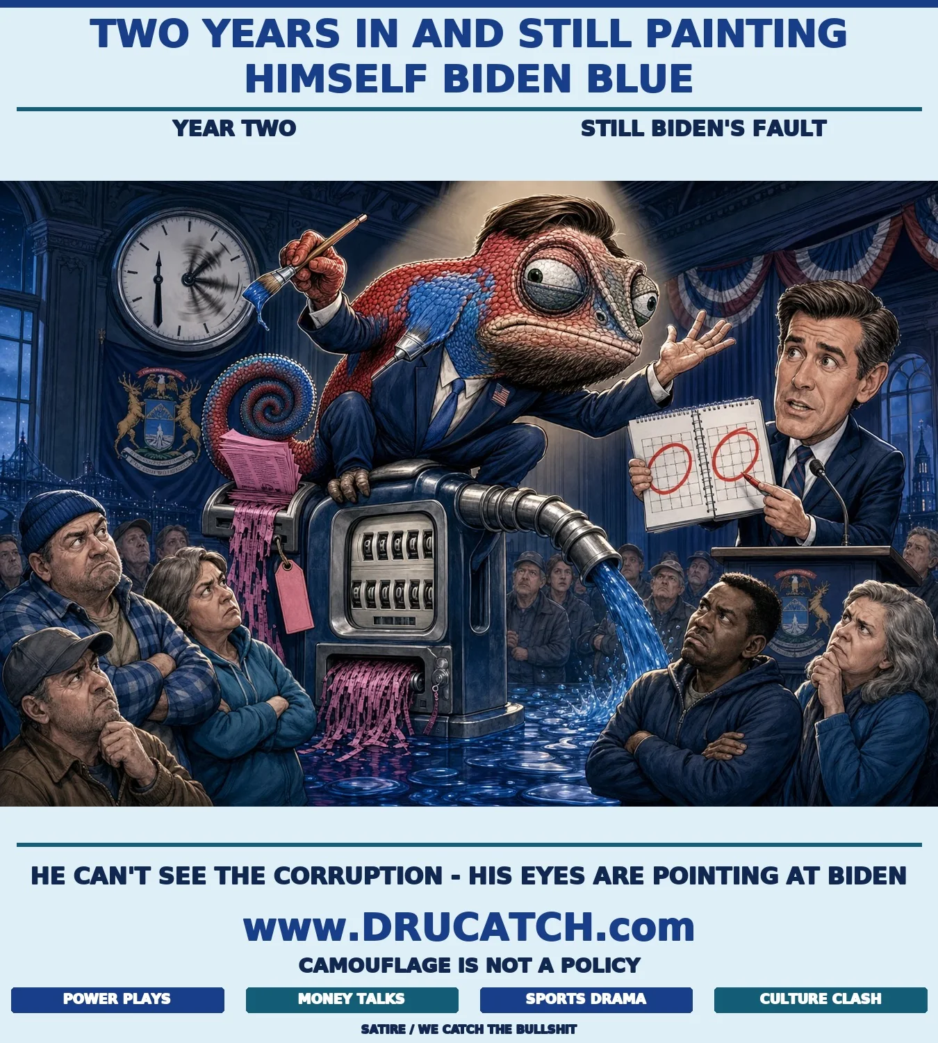 Editorial cartoon of an anthropomorphic chameleon in a vice-presidential suit perched on a gas pump nozzle, painting its scales blue, while gasoline pools around frustrated Michigan voters