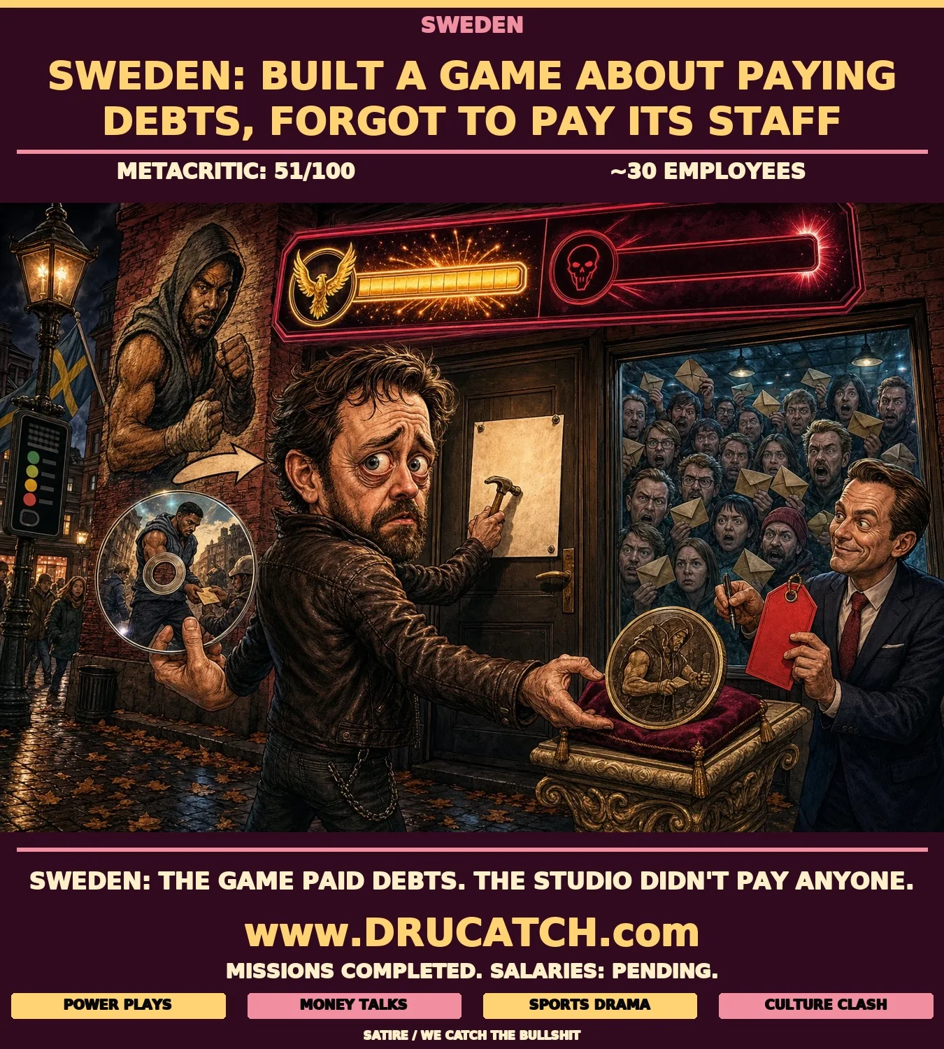 Editorial cartoon of a Swedish game studio boss nailing a bankruptcy notice to the Liquid Swords door while holding the Samson game disc, as unpaid employees press against the studio window and a bankruptcy administrator holds a for-sale tag over the game's intellectual property.