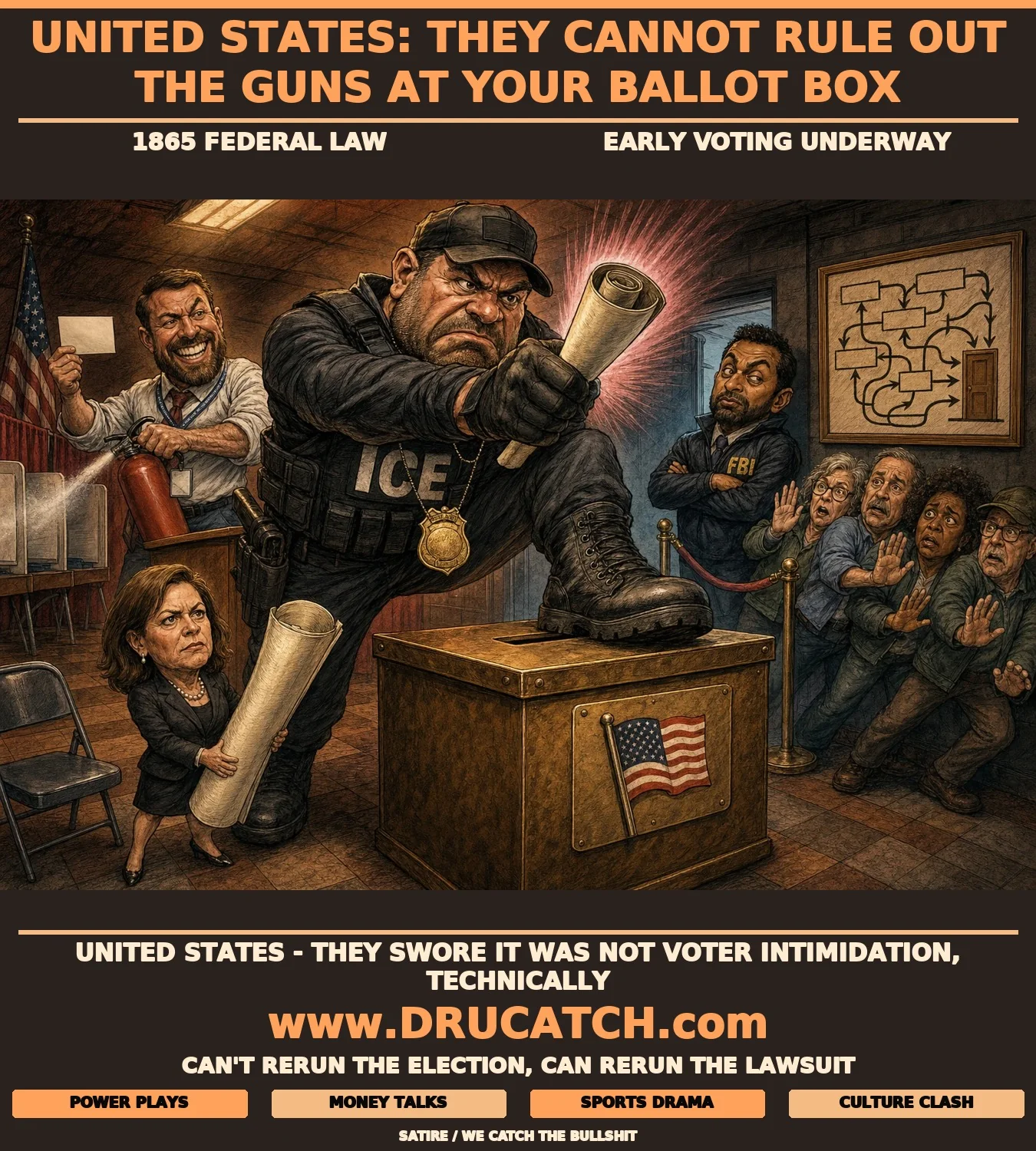 United States: Armed at the Polls Editorial cartoon of an armed ICE agent placing a boot on a giant ballot box in a Virginia polling station, while Markwayne Mullin holds a fire extinguisher labeled "Chilling Effect" and Kash Patel stands at the entrance like a bouncer.